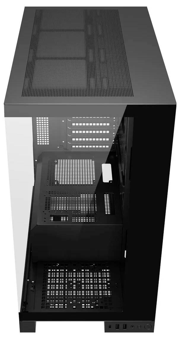 Ein schwarzes, turmartiges Computergehäuse mit einer transparenten Seitenscheibe, das sein geräumiges Innenleben und mehrere Belüftungsbereiche präsentiert.