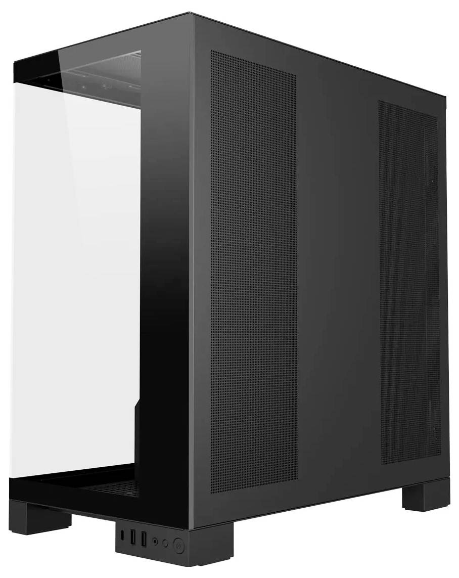 Ein schlankes schwarzes Computergehäuse mit transparentem Seitenpanel links, Bedienungselementen an der Frontseite und belüfteten Seitenwänden, konzipiert für eine Hochleistungs-Konfiguration.