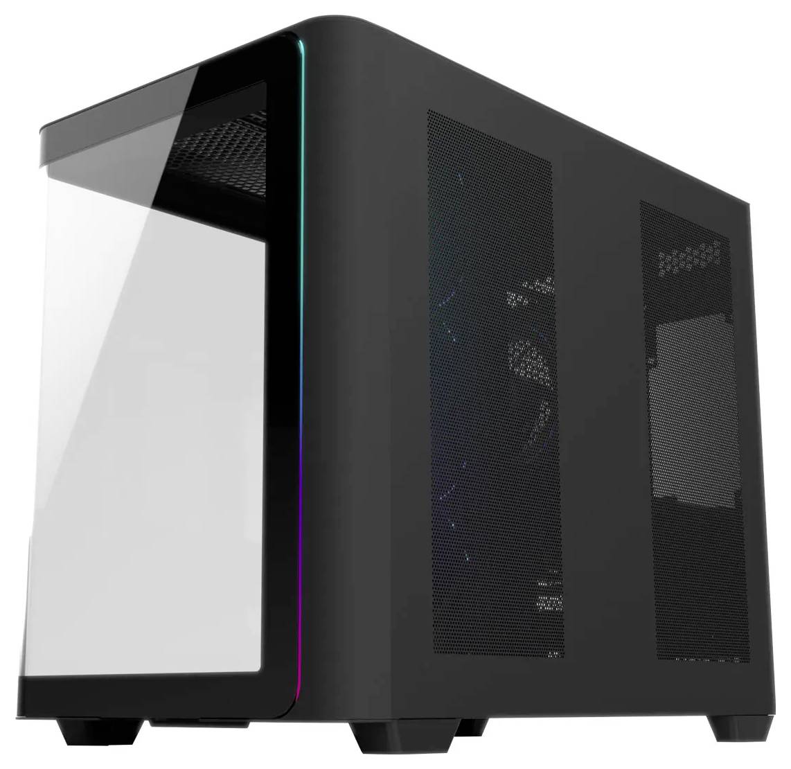 Ein schlanker, schwarzer Computertower mit transparentem Seitenfenster und dezenten RGB-Beleuchtungselementen entlang der Kante.