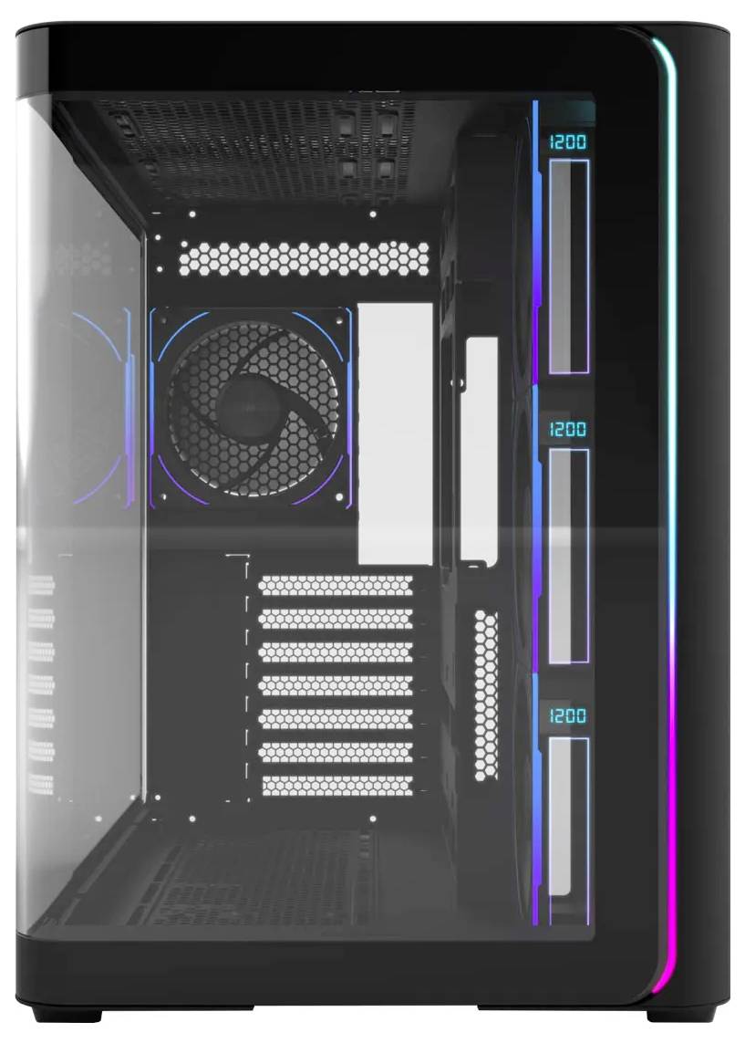 Ein schlanker schwarzer Computertower mit einer transparenten Seitenscheibe, die Kühlventilatoren im Inneren und RGB-Beleuchtungsstreifen entlang der Kanten freilegt.