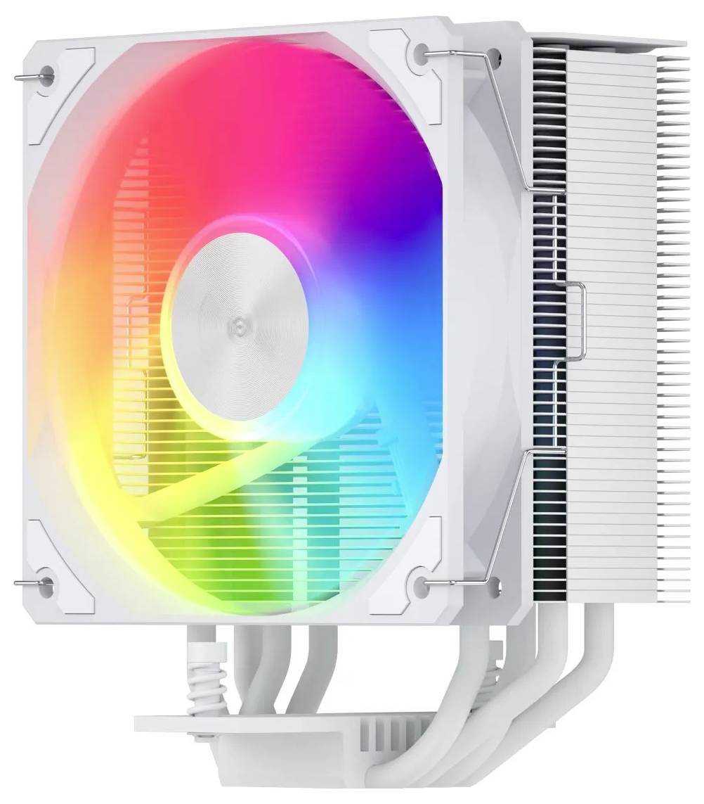 CPU-Kühler mit einem großen Lüfter, ausgestattet mit mehrfarbiger RGB-Beleuchtung, der auf einem Kühlkörper mit mehreren Heatpipes montiert ist.