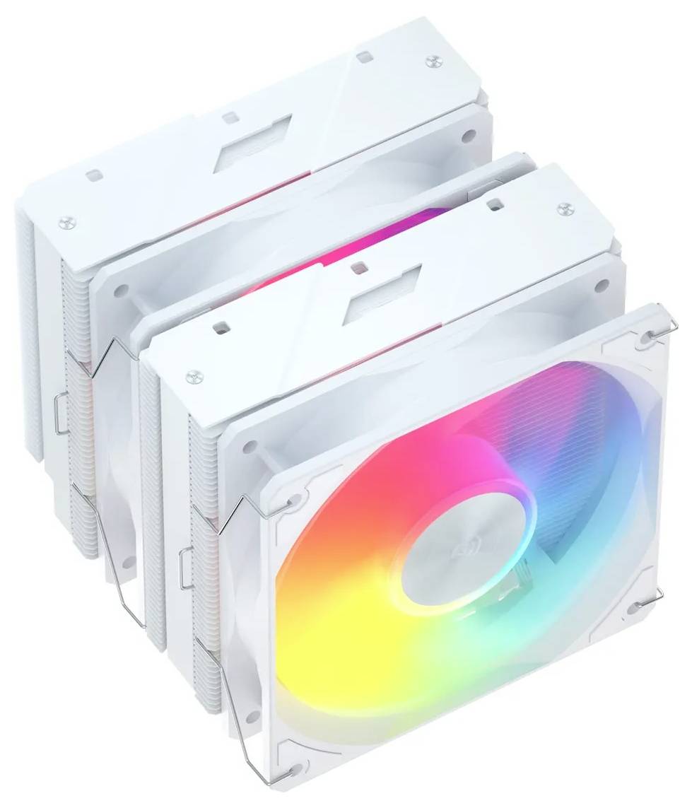 Weißer Computer-CPU-Kühler mit zwei großen RGB-Lüftern, die in verschiedenen Farben leuchten. Das Design zeichnet sich durch eine elegante, moderne Ästhetik aus.