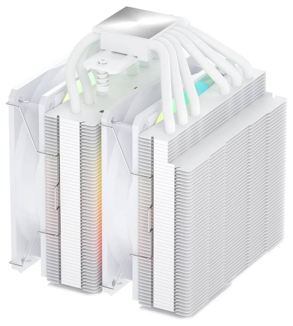 Ein Kühlkörper mit zwei Türmen für CPUs mit mehreren Heatpipes und RGB-Beleuchtung auf der Oberseite, entwickelt für eine effiziente Kühlung in Computersystemen.