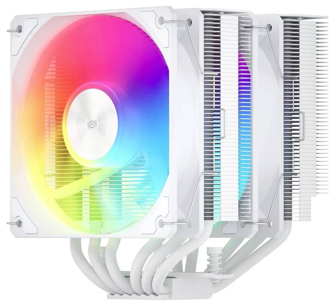 Ein weißer Computer-CPU-Kühler mit einem bunten RGB-Lüfter und mehreren Kühlrippen, die für eine effiziente Kühlung entwickelt wurden.