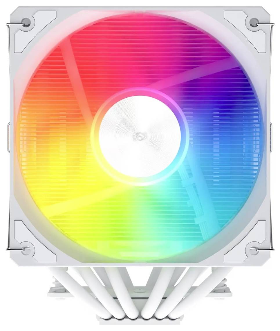 Ein Computer-CPU-Kühler mit einem großen Lüfter verfügt über RGB-Beleuchtung, die ein Farbspektrum zeigt, das Rot, Gelb, Grün und Blau umfasst.