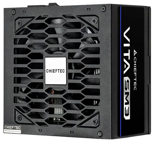 Netzteil 'CHIEFTEC VITA 5M3' mit schwarzem Schutzgehäuse, ausgestattet mit einem Lüftungsgitter und sichtbarem internen Lüfter.