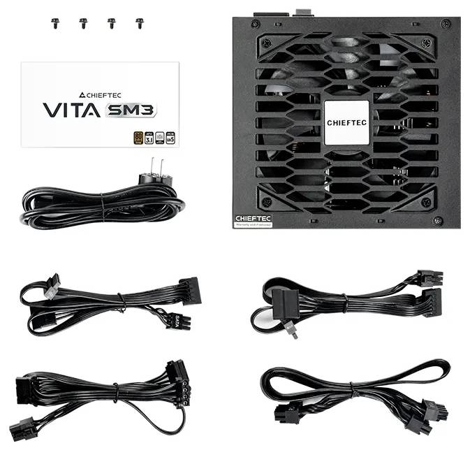 Das Netzteilset enthält ein Chieftec VITA SM3 Netzteilgerät, vier Kabel, vier Schrauben und eine Bedienungsanleitung.