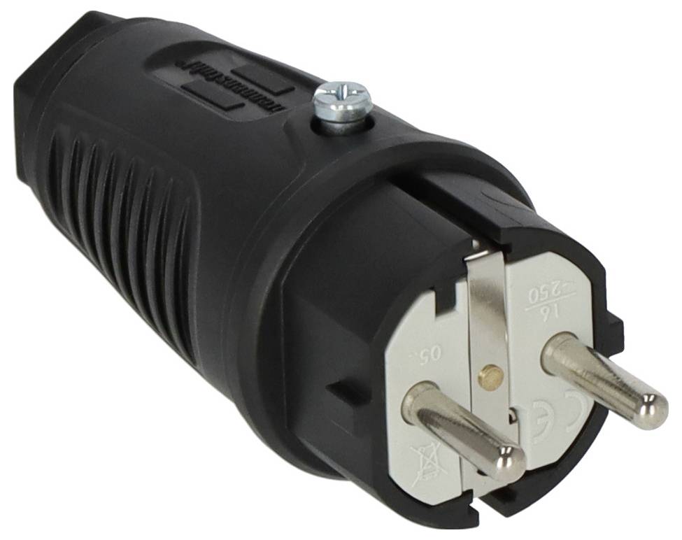 Schwarzer dreipoliger Elektrostecker-Adapter mit zwei runden Metallstiften und einer Erdungsschraube, dargestellt auf weißem Hintergrund.
