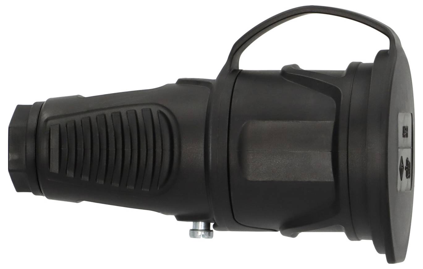 Schwarze tragbare Handscheinwerfer oder Taschenlampe, die auf der Seite auf weißem Hintergrund liegt, mit integriertem Tragehenkel und seitlichen Bedienungsschaltern.