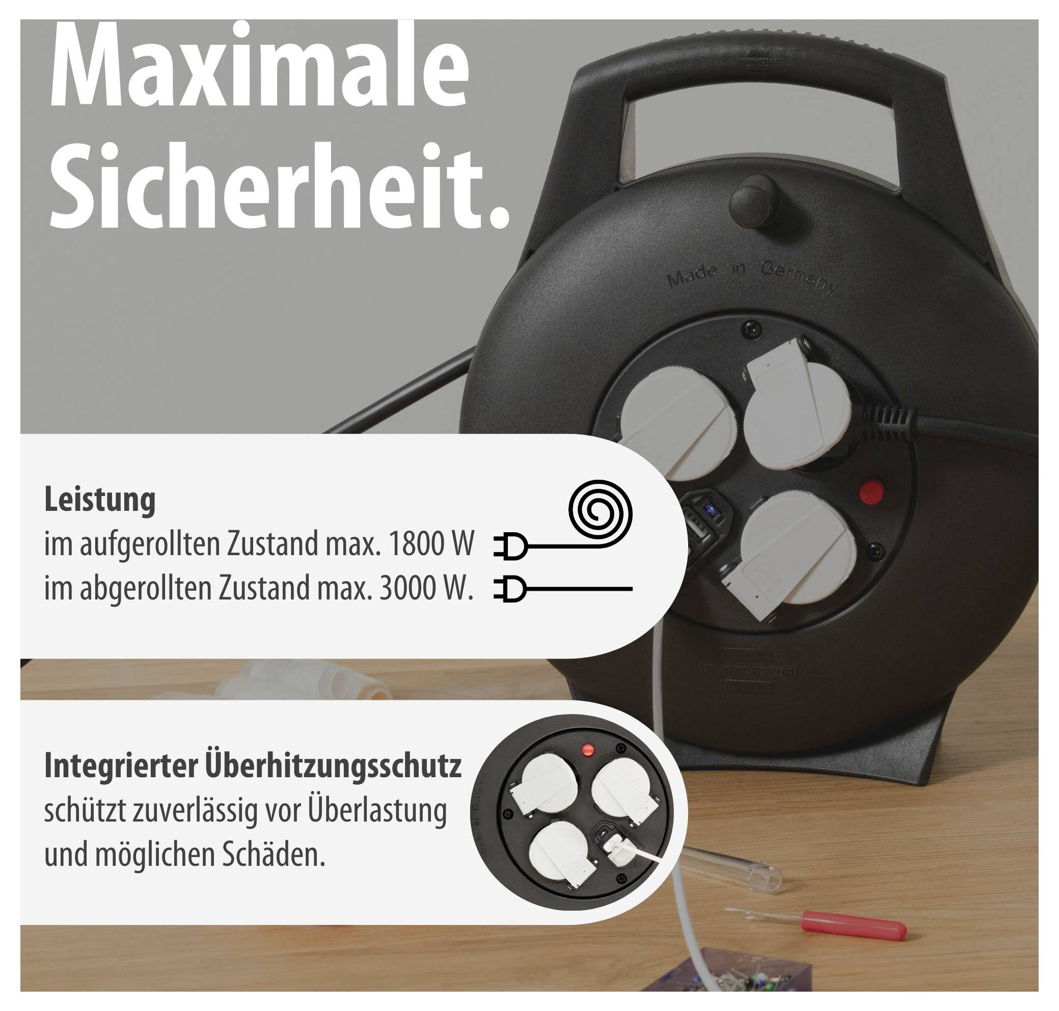 Werbeplakat eines Kabelaufrollers mit Aufschrift 'Maximale Sicherheit.'; nennt Leistung 1800 W aufgerollt, 3000 W abgerollt und integrierten Überhitzungsschutz.