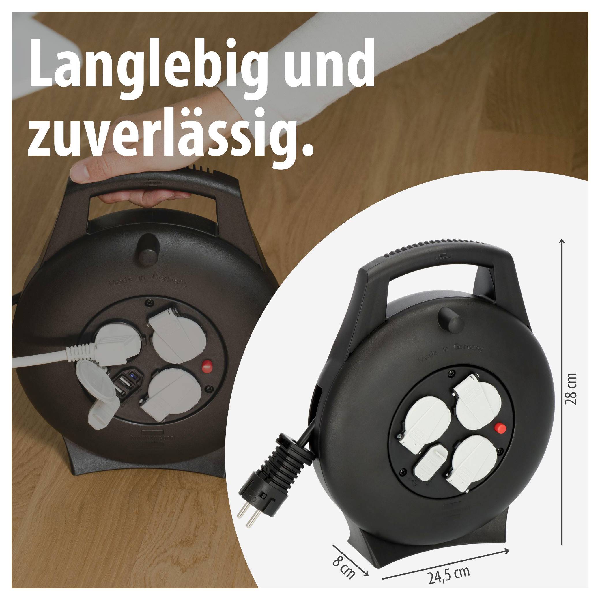 Werbegrafik eines schwarzen Kabelaufrollers auf Holzgrund; Text 'Langlebig und zuverlässig.' zeigt Maße 24,5 cm, 28 cm und 8 cm.
