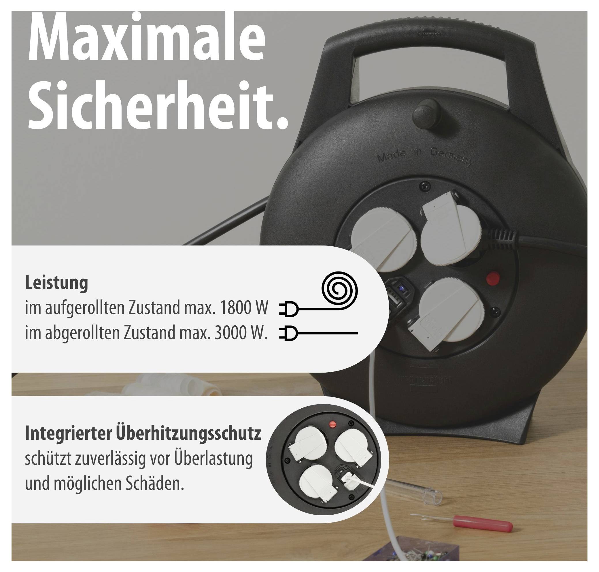 Werbeabbildung eines Kabelaufrollers mit Text zu maximaler Sicherheit, Leistung 1800/3000 W und integriertem Überhitzungsschutz.