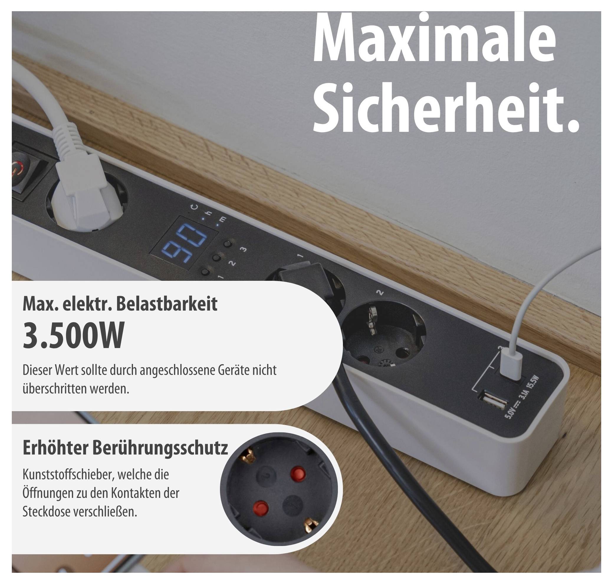 Mehrfachsteckdose mit 'Maximale Sicherheit'; 3.500W maximale elektrische Belastbarkeit und erhöhter Berührungsschutz durch Kunststoffschieber.