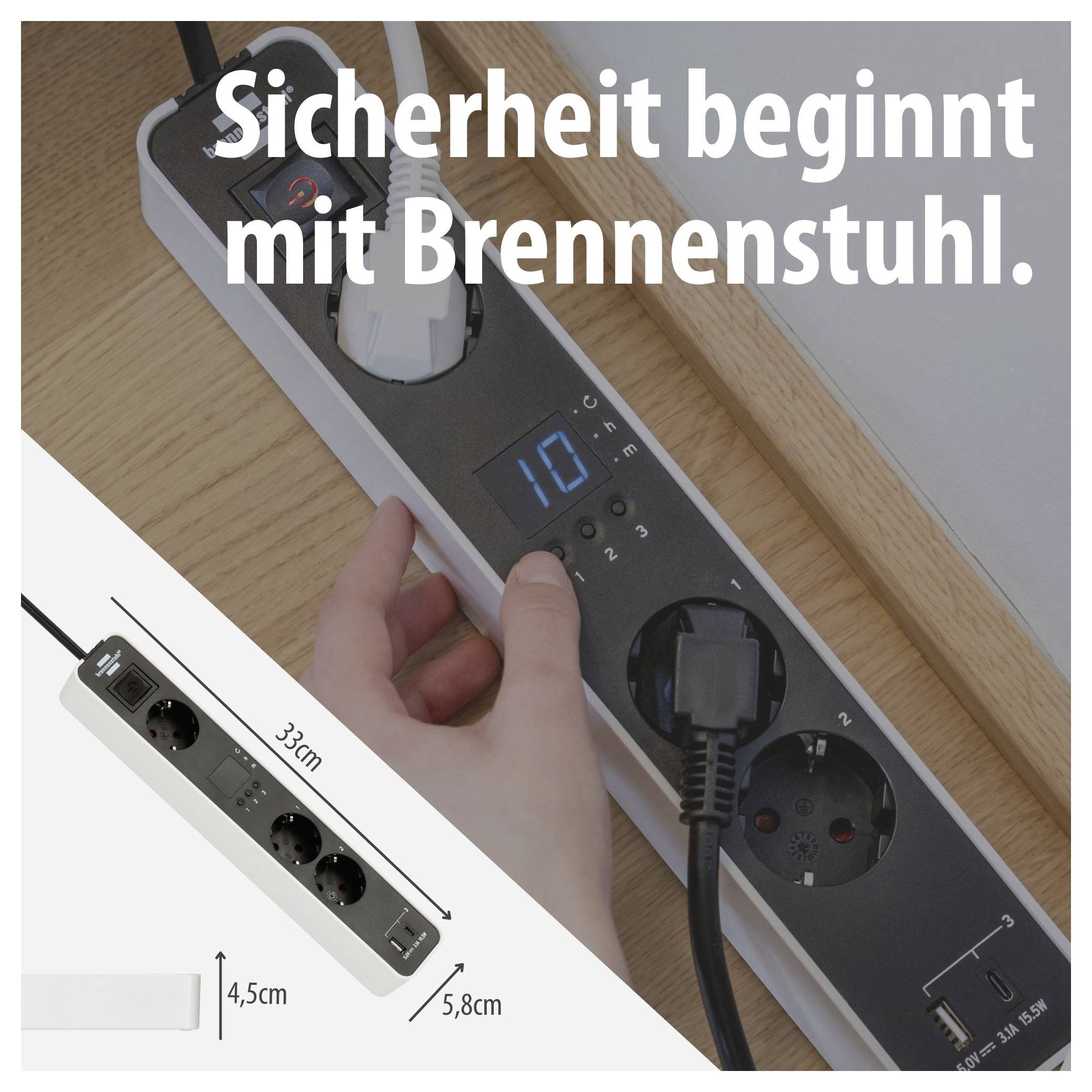 Werbeanzeige für eine Brennenstuhl-Steckdosenleiste mit Display; Text 'Sicherheit beginnt mit Brennenstuhl.' und Maßangaben zu Größe.