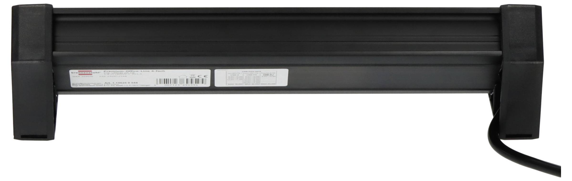 Schwarze lineare Leuchte oder LED-Leiste unter dem Schrank mit angeschlossenem Stromkabel, horizontal auf weißem Hintergrund dargestellt.
