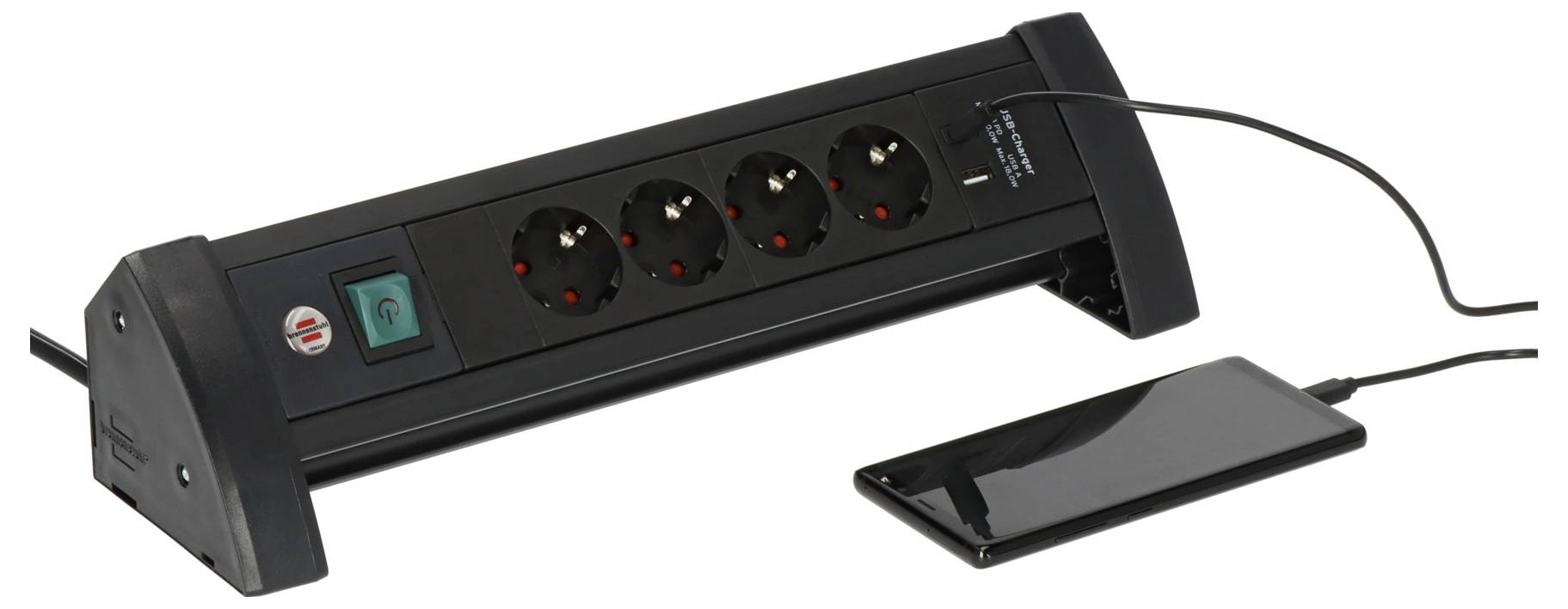 Schwarze Desktop-Steckdosenleiste mit vier Steckdosen, einem Stromschalter und angeschlossenem USB-Ladepad auf der rechten Seite.