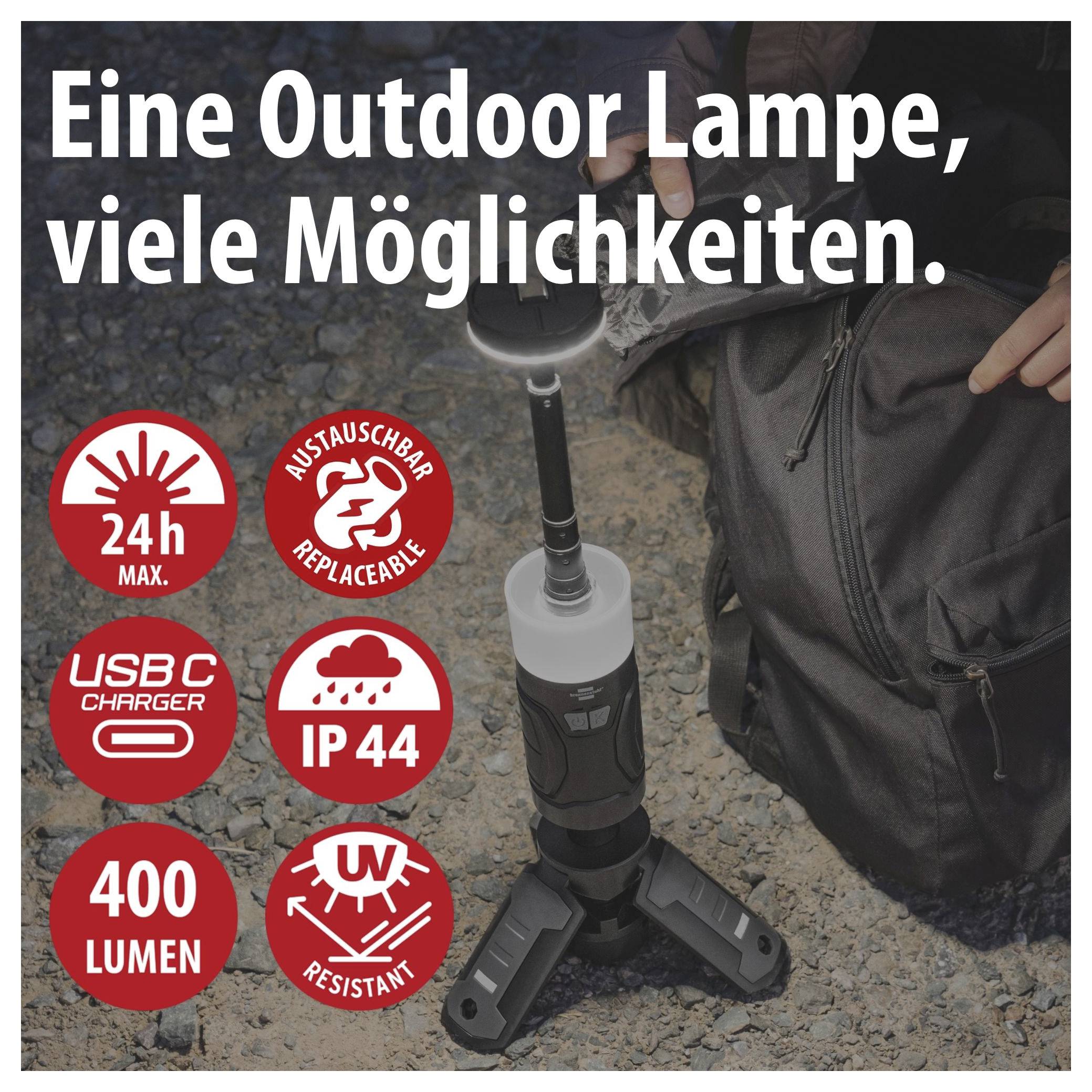 Werbung für eine Outdoor-Lampe mit Stativ; genannt werden 24h max., austauschbar, USB-C-Lader, IP44, 400 Lumen und UV-resistent.