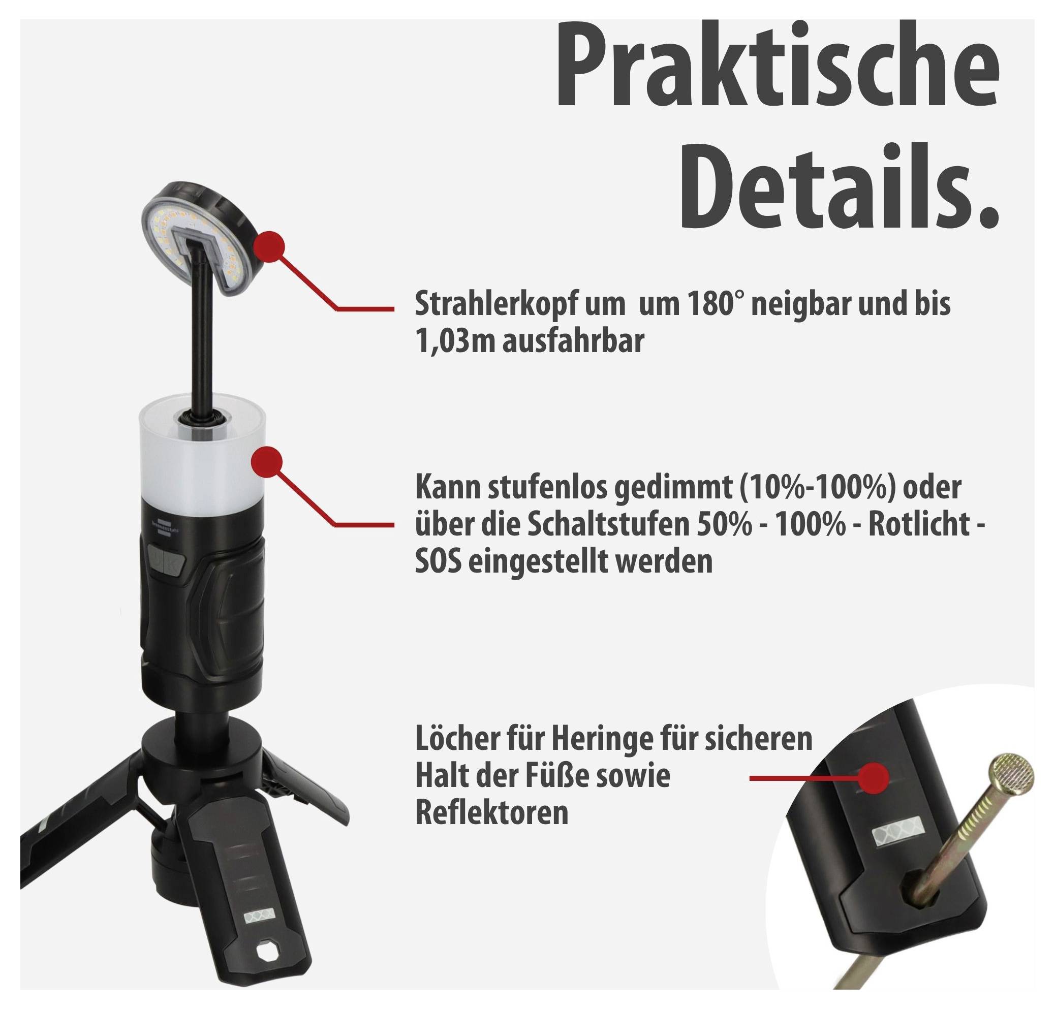 Produktgrafik mit der Überschrift 'Praktische Details': verstellbarer Strahlkopf (180°; bis 1,03 m), stufenlose Dimmung 10–100 %/Schaltstufen 50–100 %, Heringlöcher für sicheren Halt von Füßen und Reflektoren.
