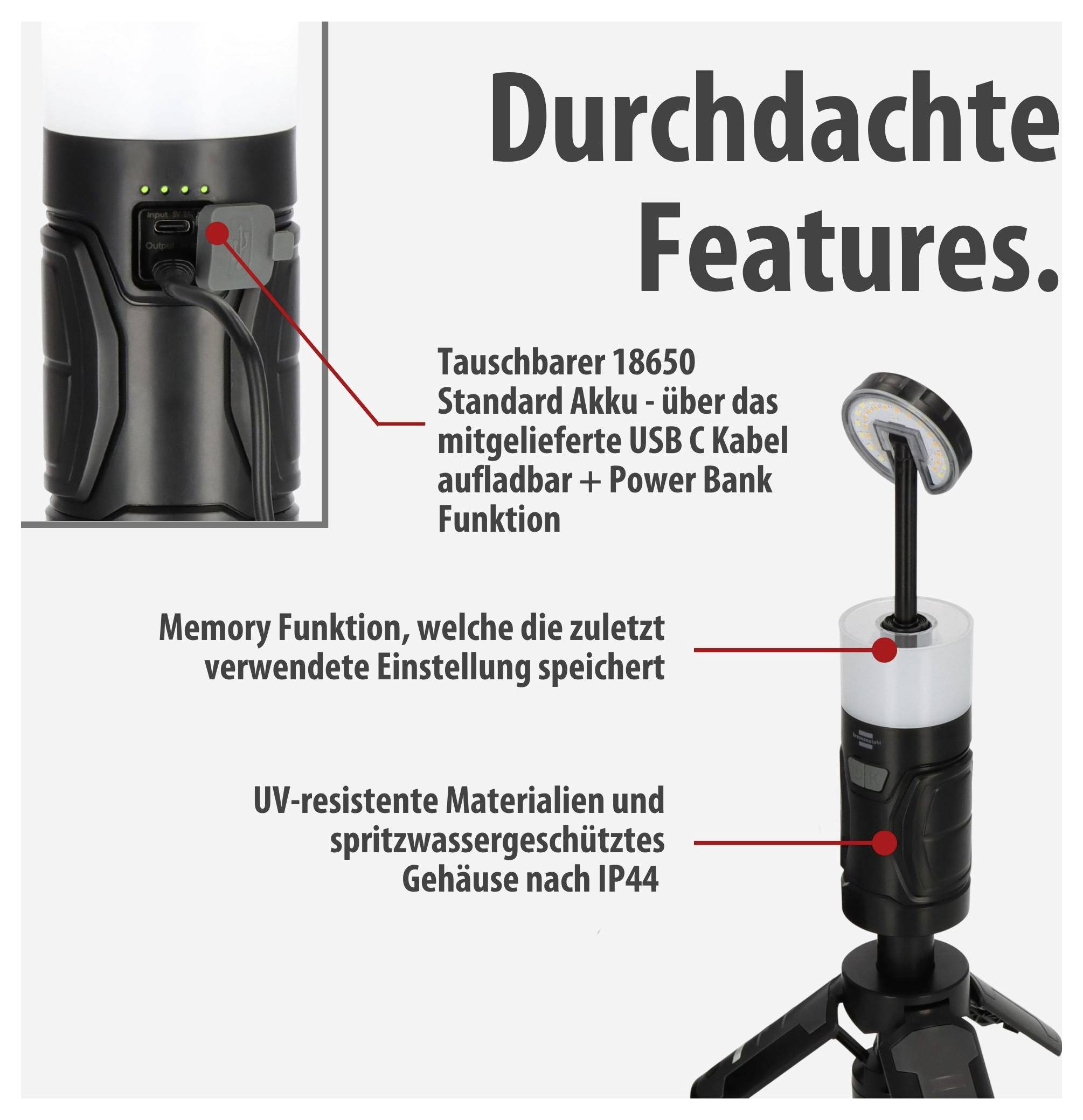 Werbegrafik eines verstellbaren LED-Arbeitslichts mit den hervorgehobenen Features: austauschbarer 18650-Akku, USB-C-Laden/Powerbank, Memory-Funktion, UV-resistentes, spritzwassergeschütztes Gehäuse nach IP44.