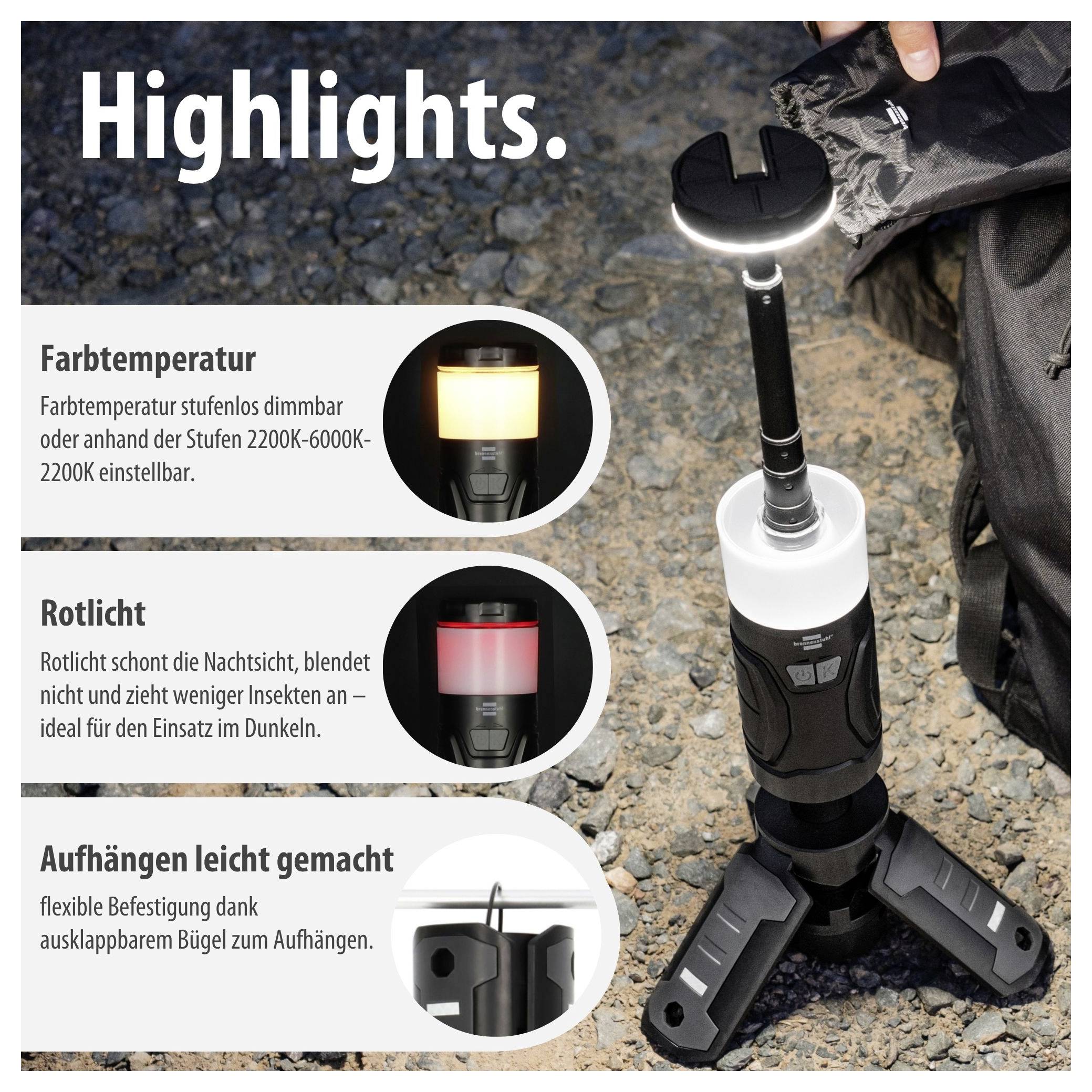 Produkt-Highlights einer Campinglampe: einstellbare Farbtemperatur 2200K–6000K, Rotlicht für die Nacht, leichtes Aufhängen mit ausklappbarem Bügel.