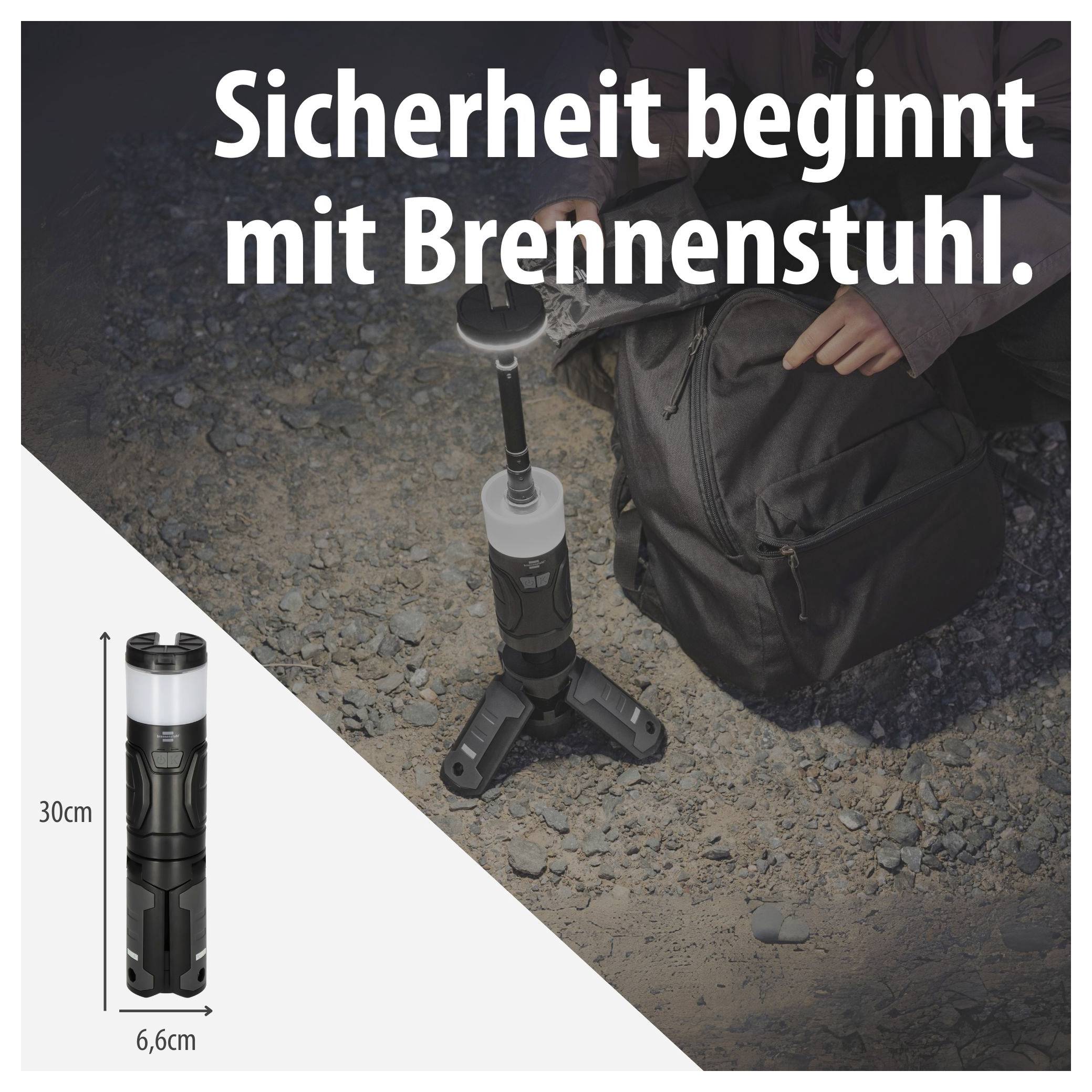 Werbung für eine tragbare Brennenstuhl-Lampe: Akku-Licht auf Stativerhöhung im Outdoor-Einsatz, Text 'Sicherheit beginnt mit Brennenstuhl.', Maße 30 cm und 6,6 cm.
