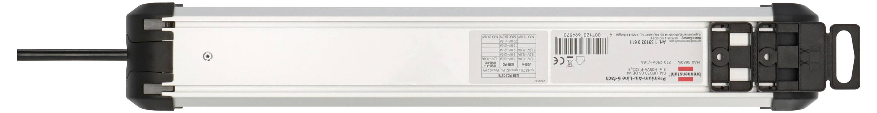 Brennenstuhl 1391030611 Steckdosenleiste mit Schalter Schwarz, Silber 1St.