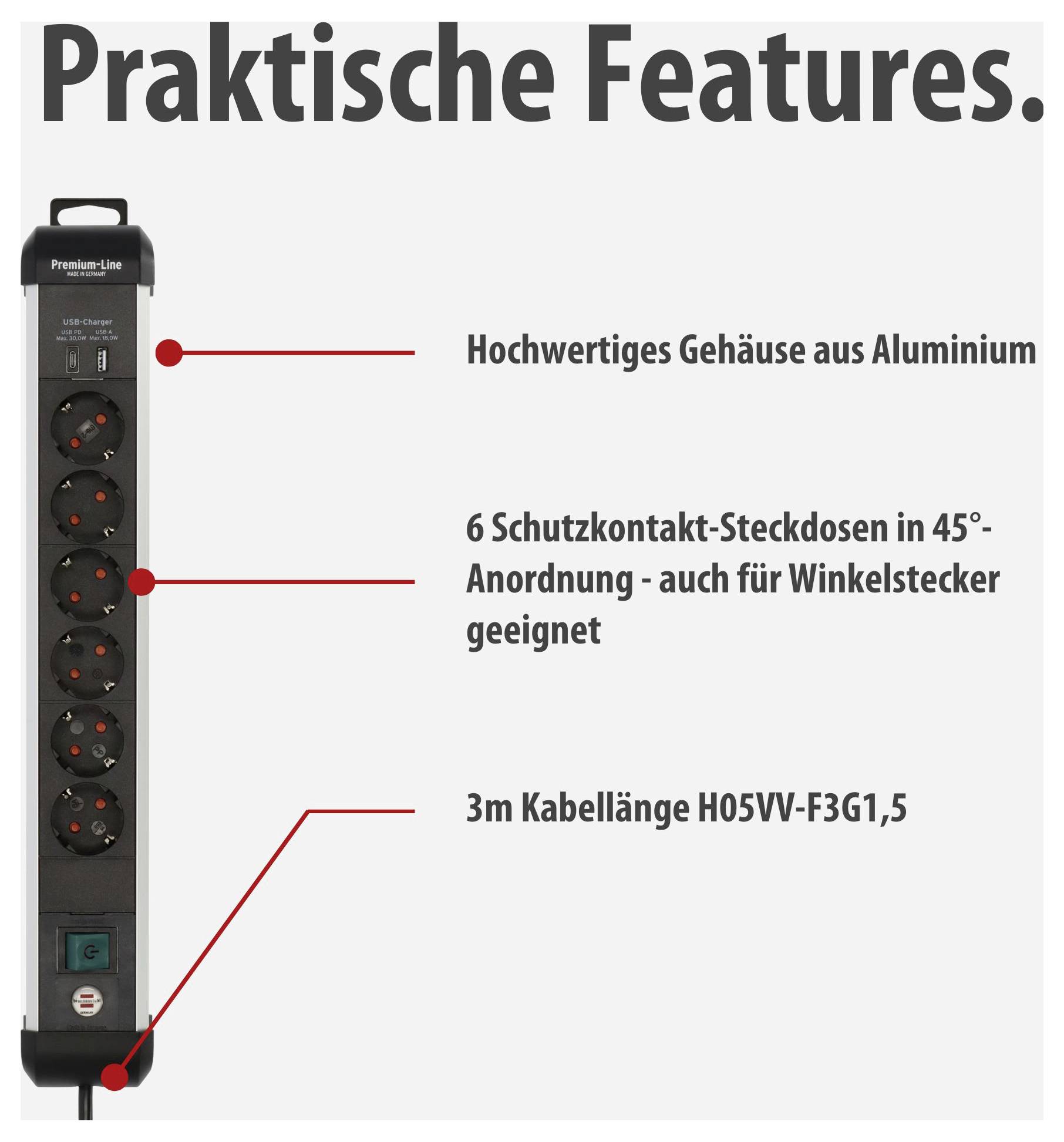Steckdosenleiste mit Aluminiumgehäuse; zeigt 6 Schutzkontakt-Steckdosen in 45°-Anordnung und 3 m Kabellänge H05VV-F3G1,5.