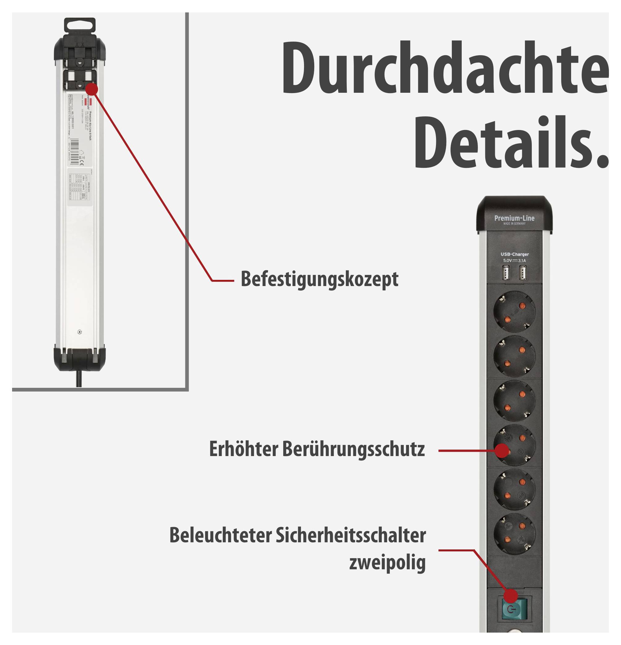 Werbegrafik eines Steckdosenblocks: links Detail zum Befestigungskonzept, rechts Front mit sechs Steckdosen, beleuchtetem zweipoligem Sicherheitsschalter und erhöhtem Berührungsschutz.