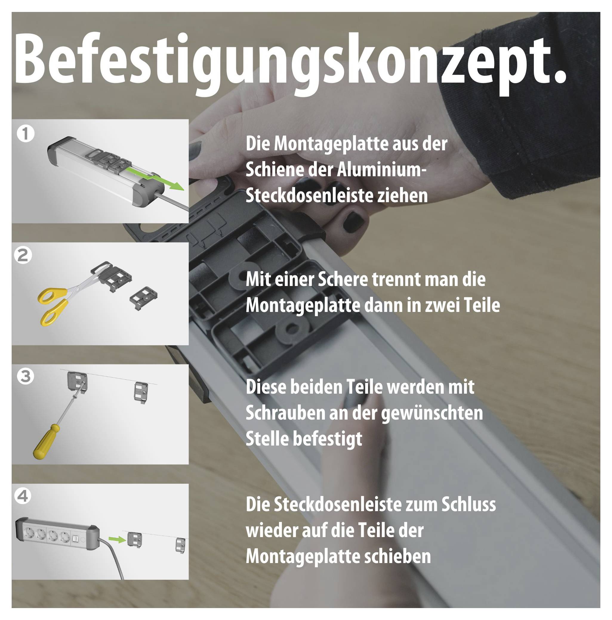 Infografik 'Befestigungskonzept': Montageplatte aus Aluminium-Steckdosenleiste ziehen, in zwei Teile schneiden, anschrauben und Steckdosenleiste wieder aufschieben.