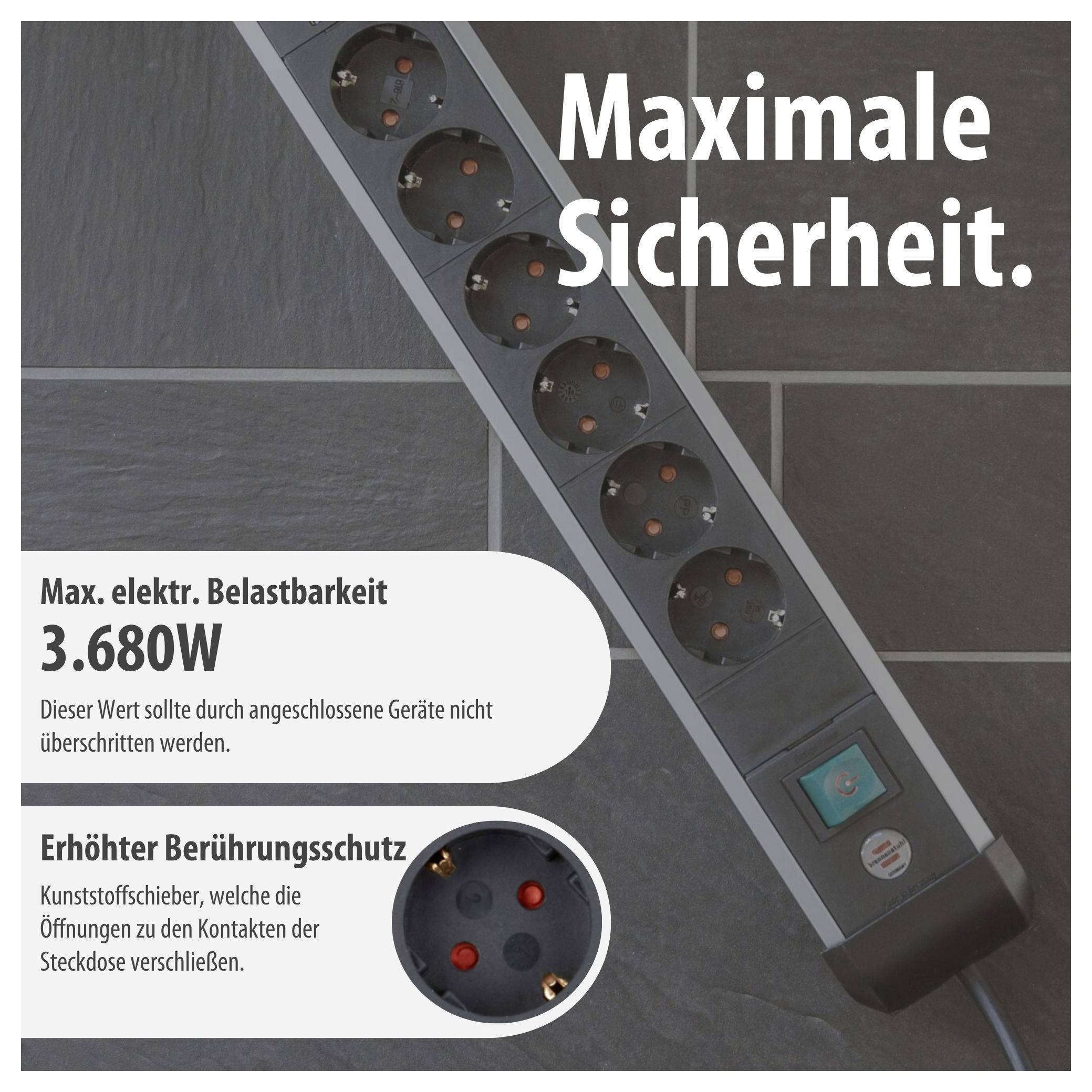 Werbegrafik einer Steckdosenleiste mit 'Maximale Sicherheit', 3.680 W Maximalbelastbarkeit und erhöhtem Berührungsschutz durch Kunststoffschieber.
