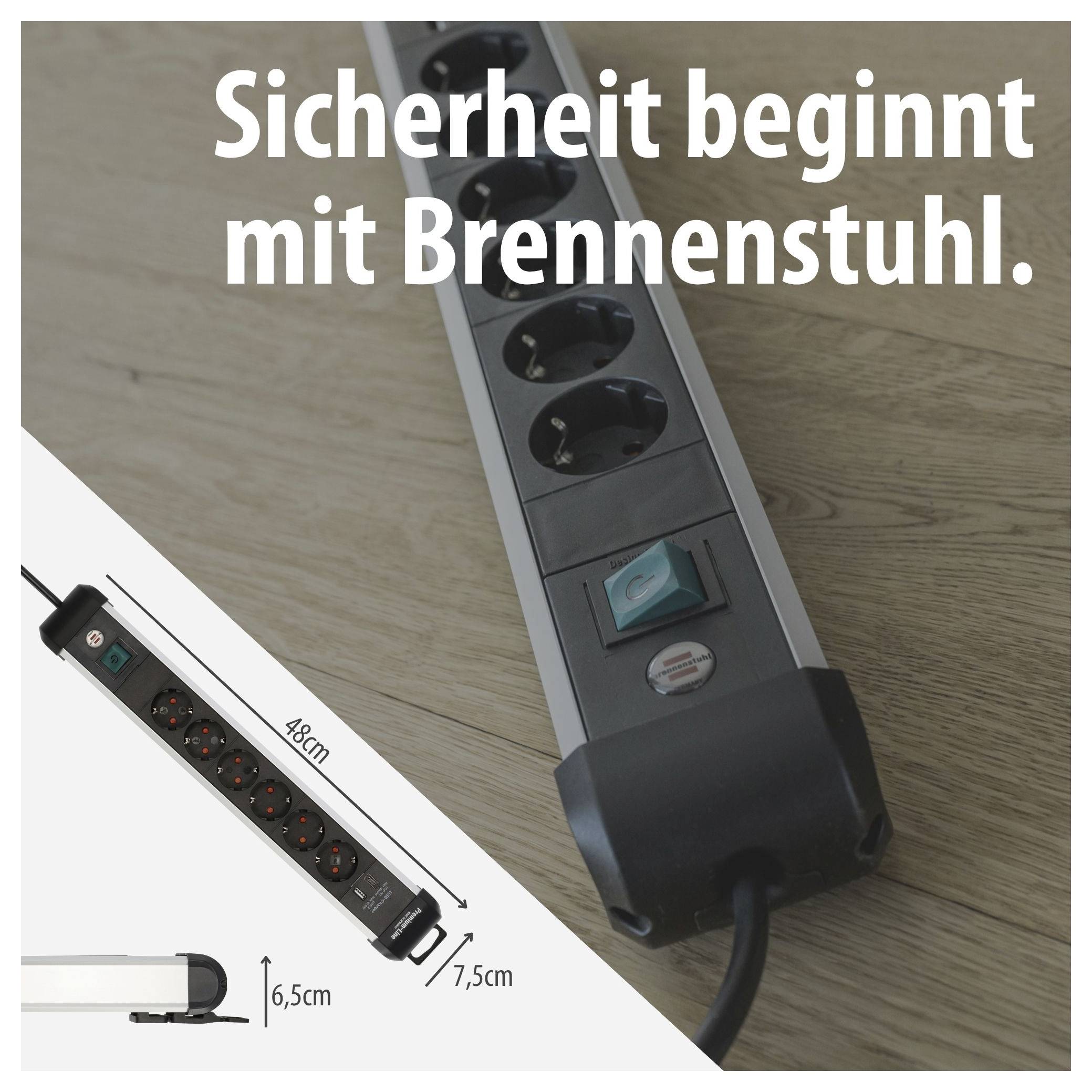 Mehrfachsteckdose von Brennenstuhl auf Holzboden mit Aufdruck 'Sicherheit beginnt mit Brennenstuhl.'; Produktmaße 48 cm, 7,5 cm und 6,5 cm gezeigt.