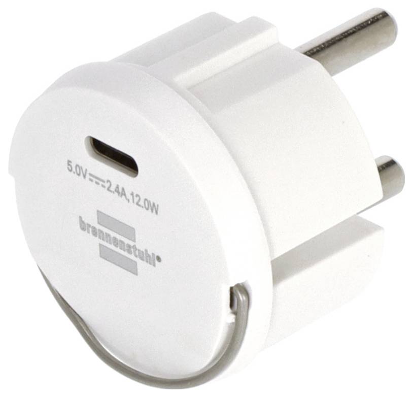 Weizenladegerät für die Wand mit zwei runden Stiften und einem USB-C-Anschluss, beschriftet mit „5.0V==2.4A 12.0W