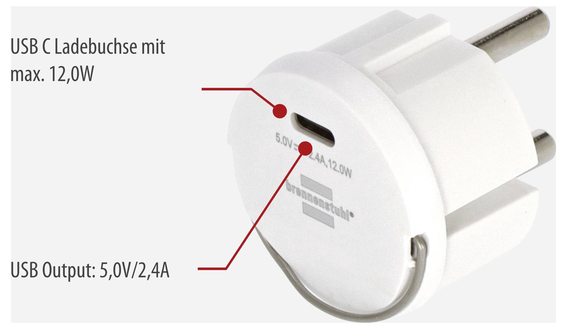 Weißer USB-C-Ladeadapter mit EU-Stecker, 12 W max.; Beschriftung zeigt USB-C-Ladebuchse, 5,0 V/2,4 A und USB-Ausgang.