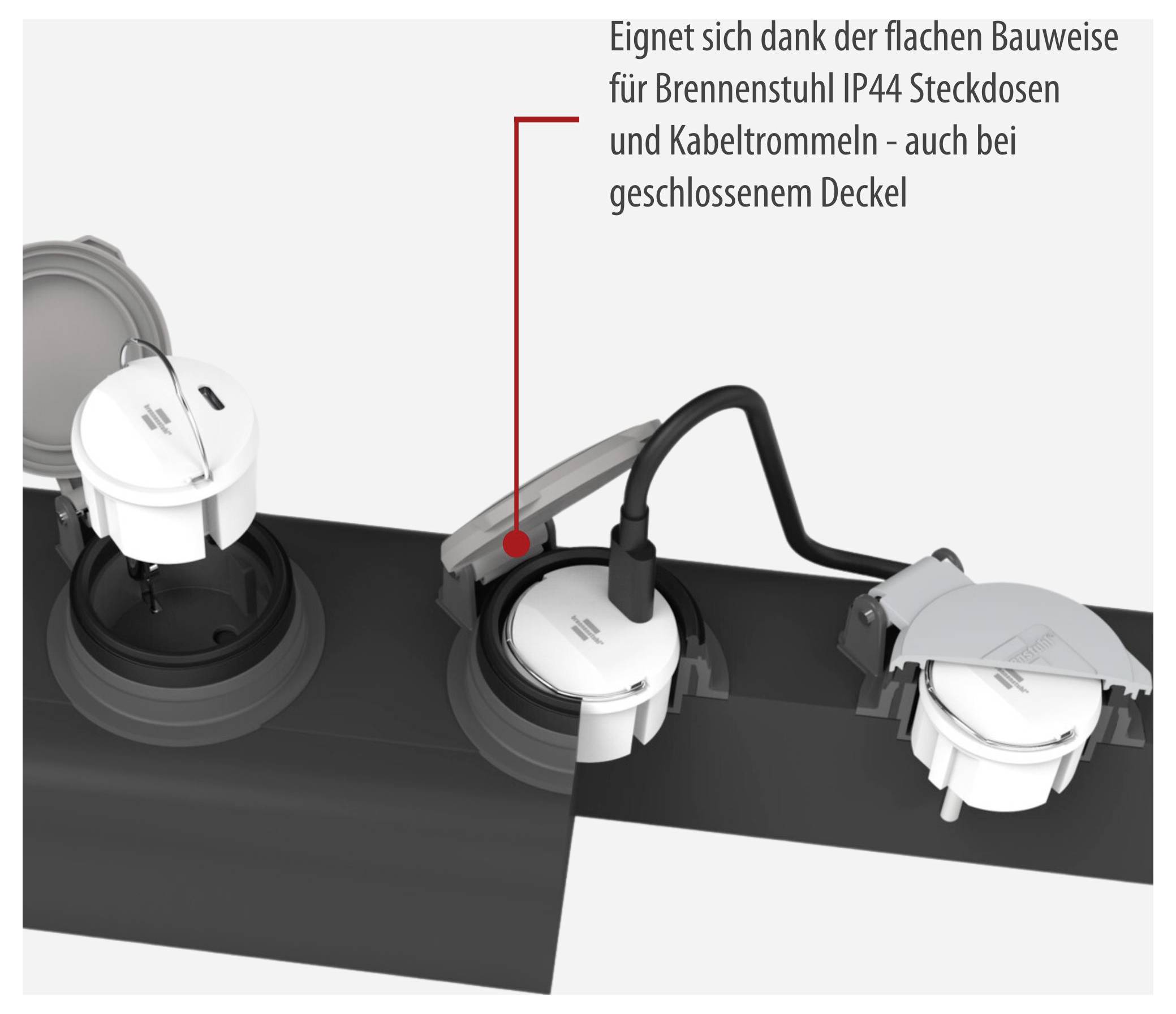Drei flache Steckdosen mit Schutzdeckel in einer Boden-/Trommellösung; Text: 'Eignet sich dank der flachen Bauweise für Brennstuhl IP44 Steckdosen und Kabeltrommeln - auch bei geschlossenem Deckel'