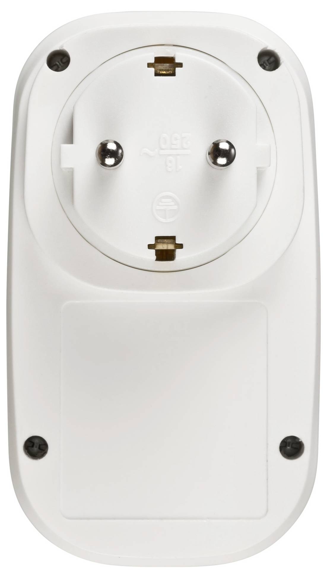Rückansicht eines weißen elektrischen Steckadapters mit zwei runden Stiften und vier sichtbaren Schrauben, die das hintere Gehäuse und das Erdungssymbol zeigen.