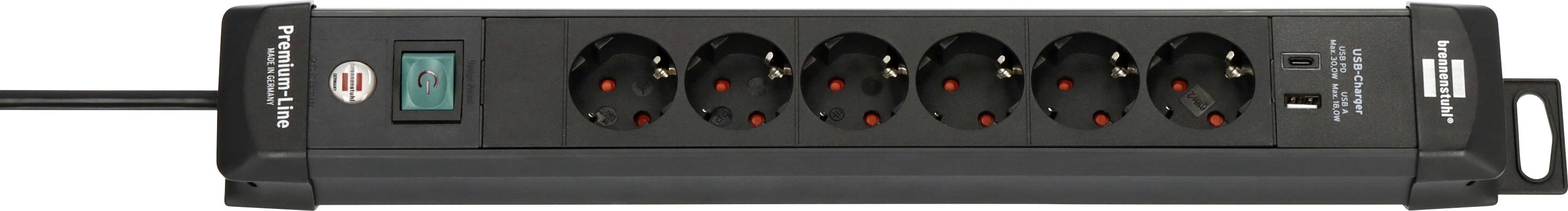Schwarze Schrank-Montagesteckdosenleiste mit sechs runden Buchsen, einem grün beleuchteten Ein-/Ausschalter und zwei USB-Anschlüssen am rechten Ende.