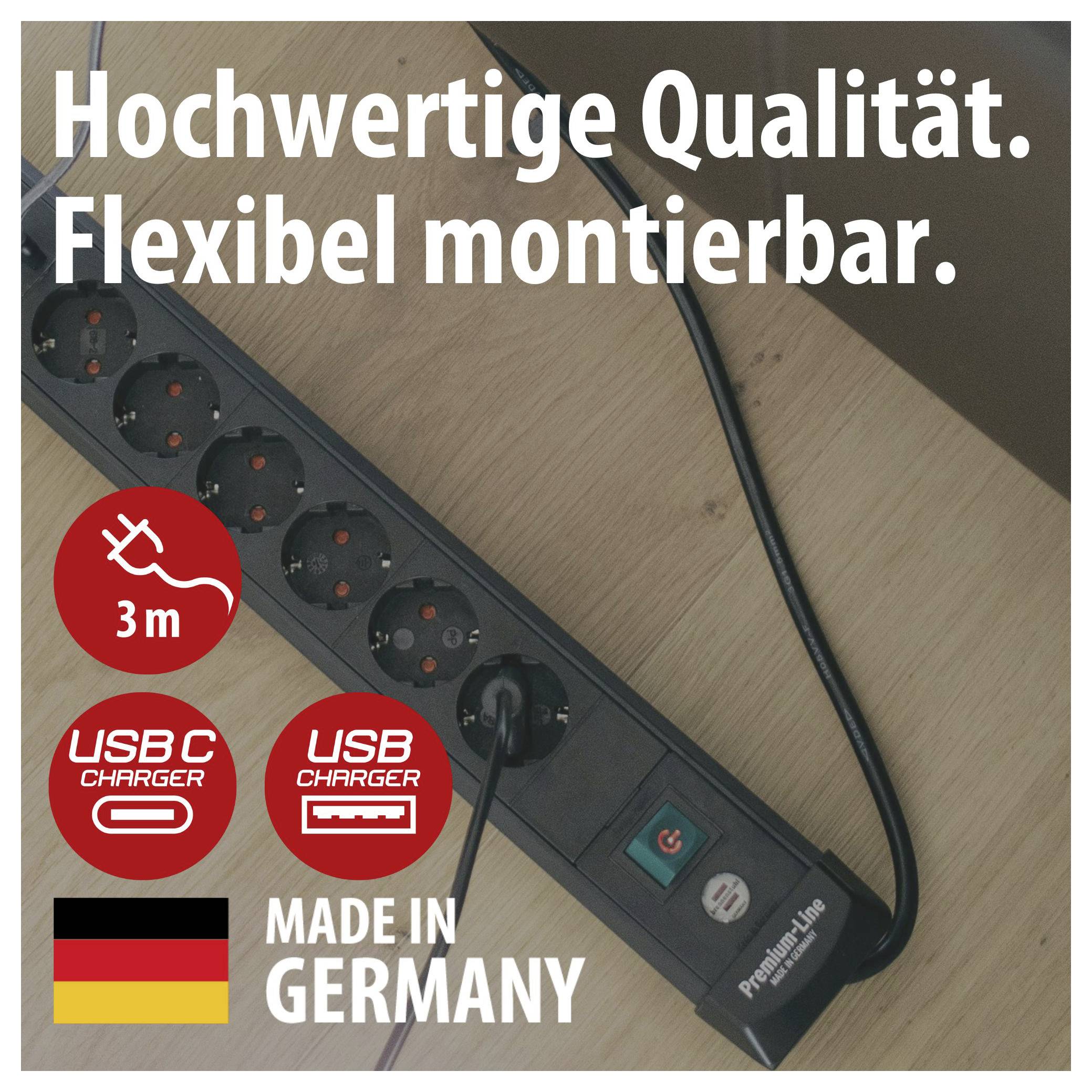 Steckdosenleiste auf Holzboden mit Text 'Hochwertige Qualität. Flexibel montierbar.', 3 m Kabel, USB-C/USB-Ladeanschlüsse und 'Made in Germany'-Siegel.
