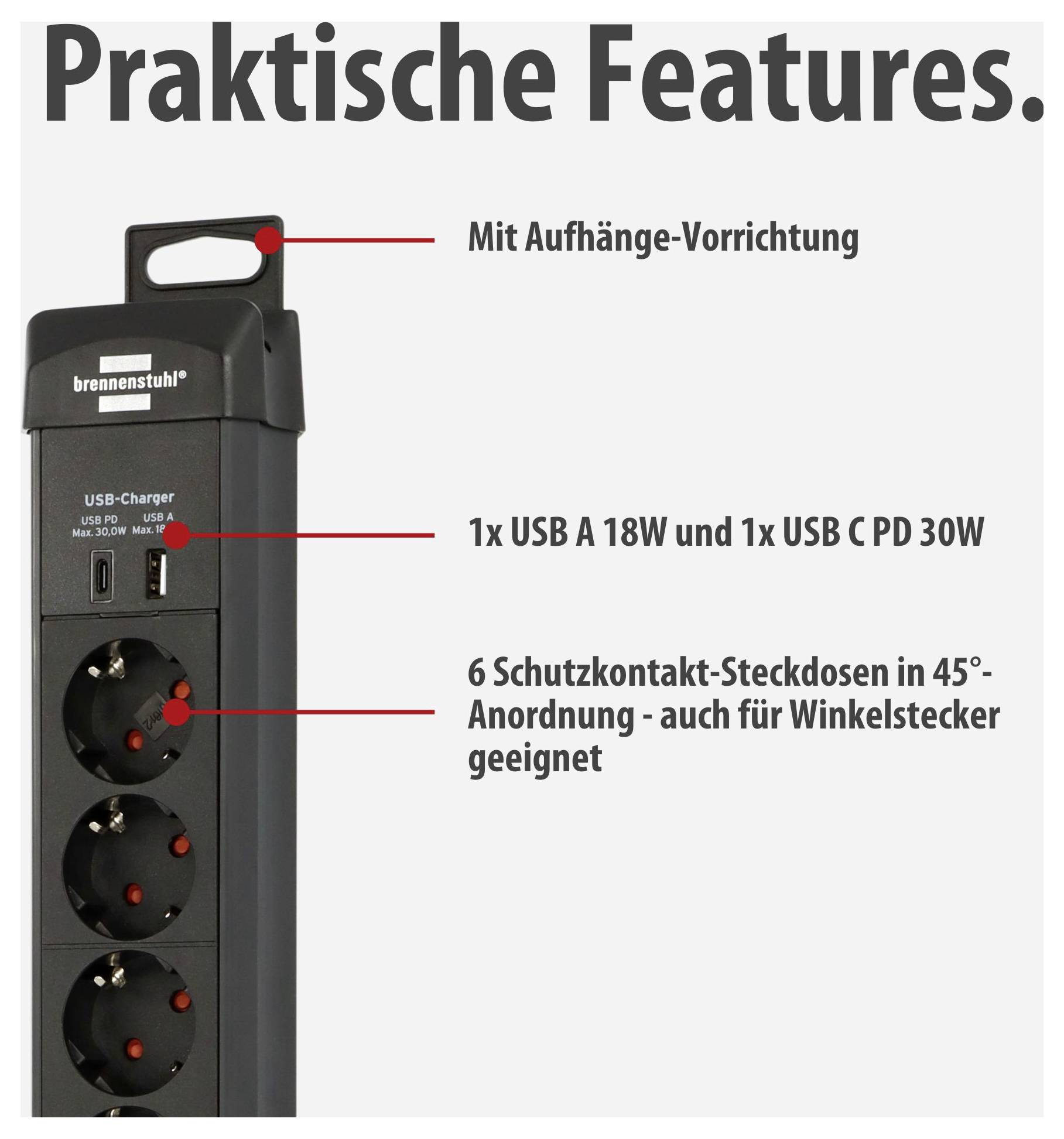 Präsentation einer Mehrfachsteckdose mit Aufhänge-Vorrichtung, 1x USB-A 18W, 1x USB-C PD 30W und 6 Schutzkontakt-Steckdosen in 45°-Anordnung für Winkelstecker.