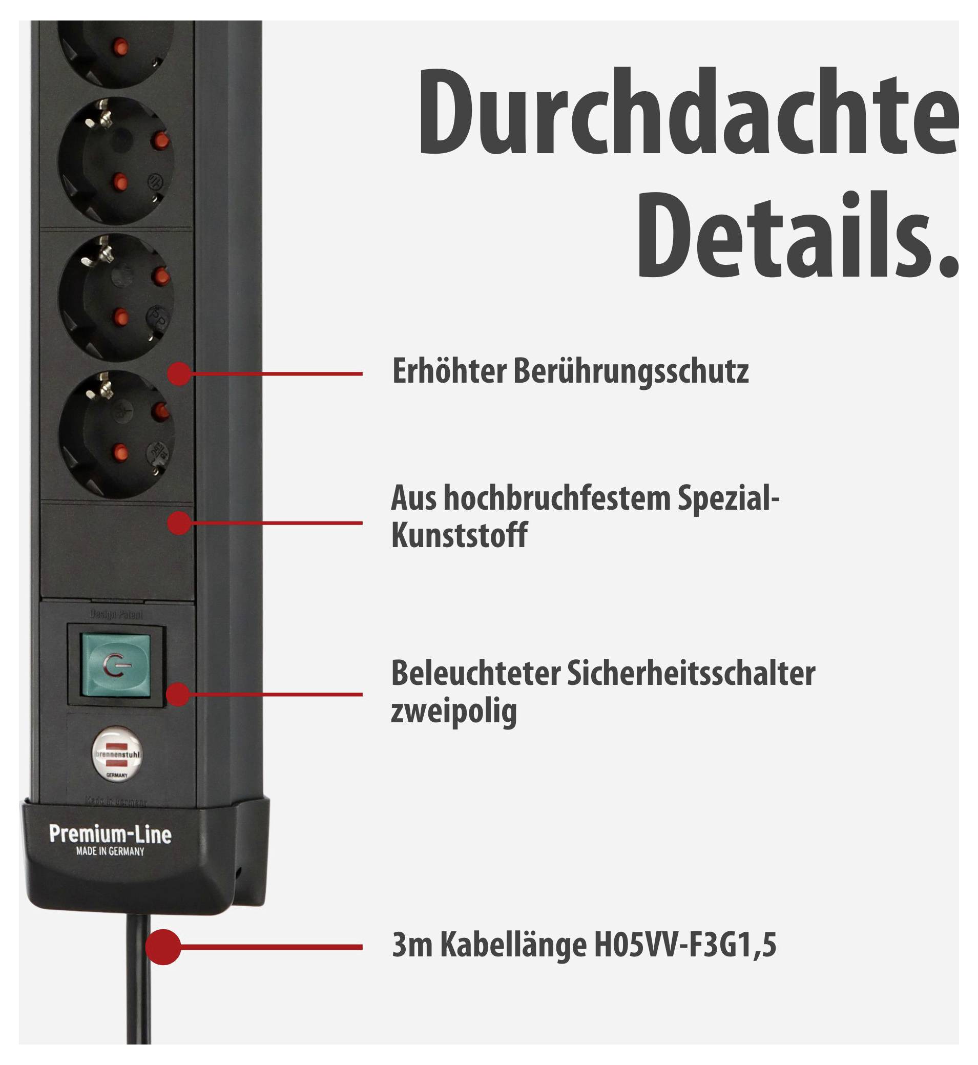 Werbliche Abbildung einer Mehrfachsteckdose mit hervorgehobenen Sicherheitsmerkmalen: erhöhter Berührungsschutz, Spezial-Kunststoff, beleuchteter zweipoliger Sicherheitsschalter und 3 m Kabel.