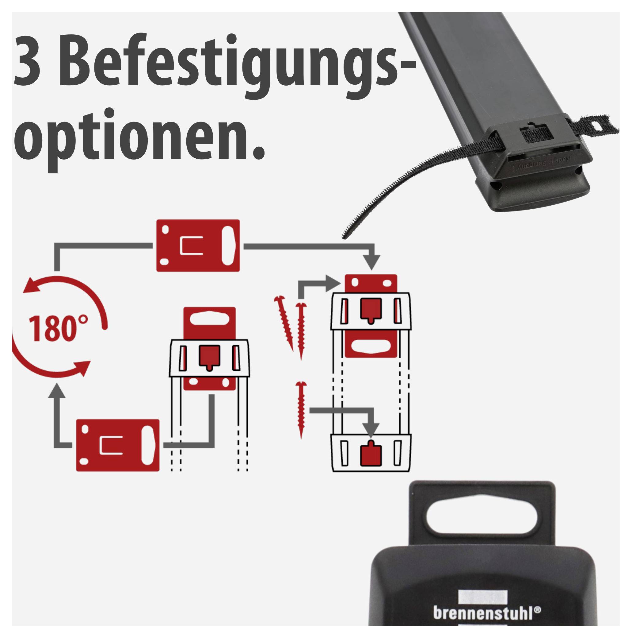Grafik mit dem Titel '3 Befestigungsoptionen' zeigt drei Montagemöglichkeiten für ein schwarzes Gerätegehäuse, inklusive 180°-Drehung und Positionen der Halterungen.