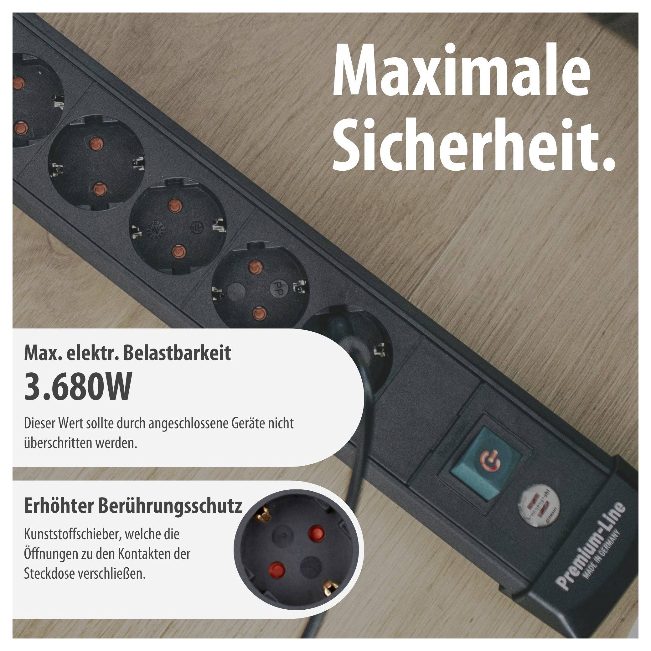 Steckdosenleiste mit Hinweis auf maximale Sicherheit; genannt werden 3.680 W Maximalbelastung und erhöhter Berührungsschutz durch Kunststoffschieber.
