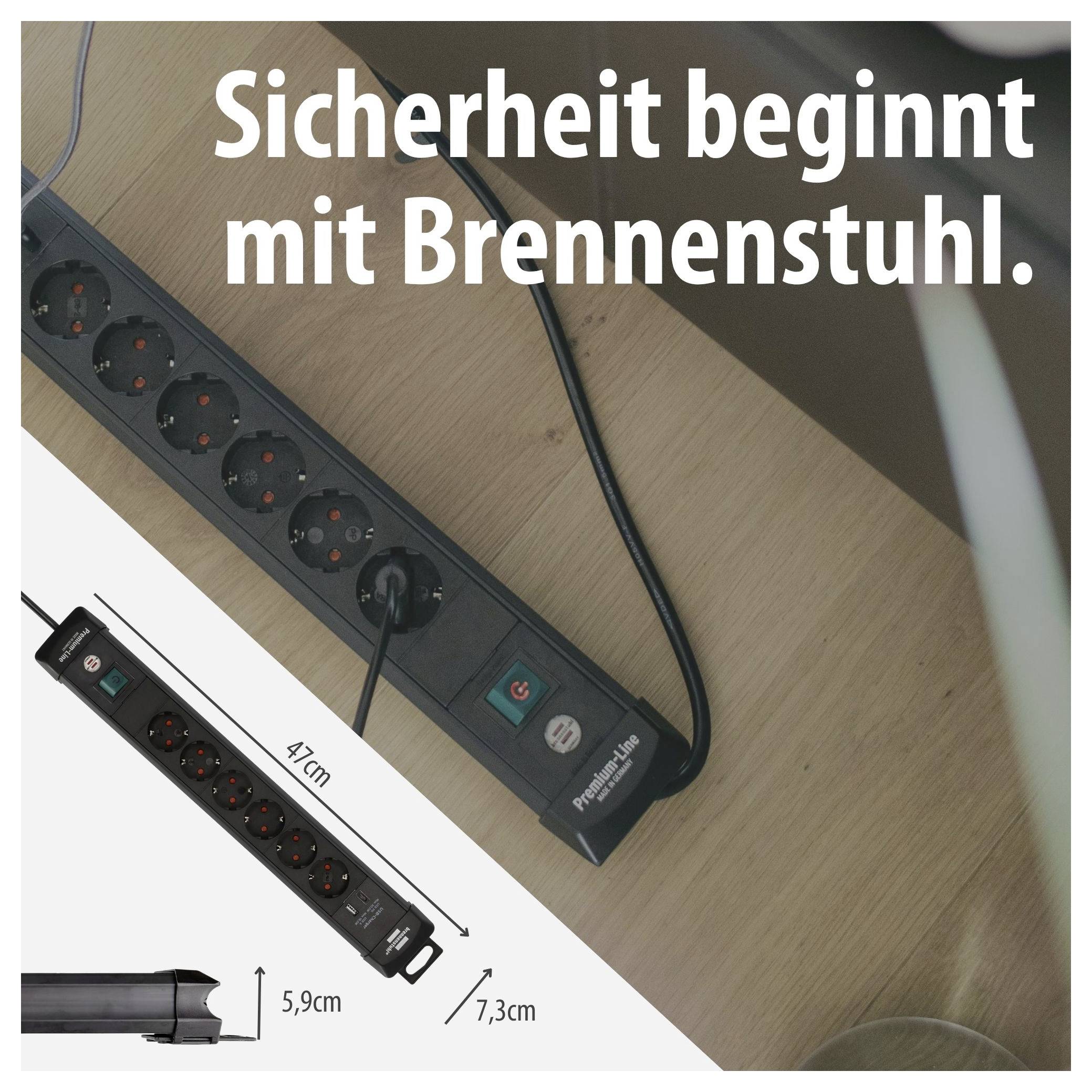 Werbebild einer Brennenstuhl-Steckdosenleiste mit Text 'Sicherheit beginnt mit Brennenstuhl.' und Maßangaben 47 cm, 5,9 cm und 7,3 cm.