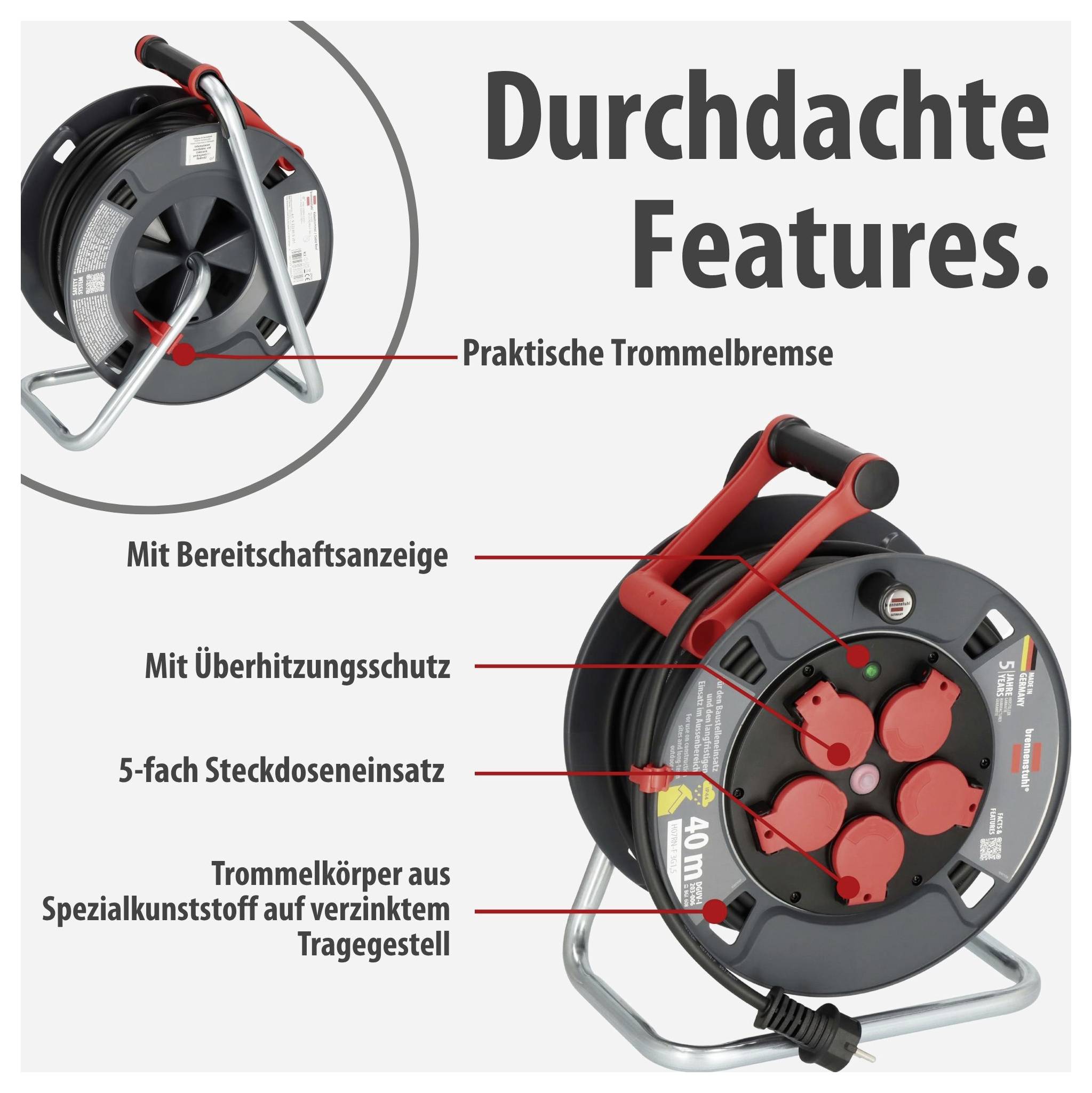 Werbegrafik einer Kabeltrommel mit Überschrift 'Durchdachte Features'; markiert sind Trommelbremse, Bereitschaftsanzeige, Überhitzungsschutz, 5-fach Steckdoseneinsatz und Spezialkunststoff-Trommelkörper auf verzinktem Tragegestell.