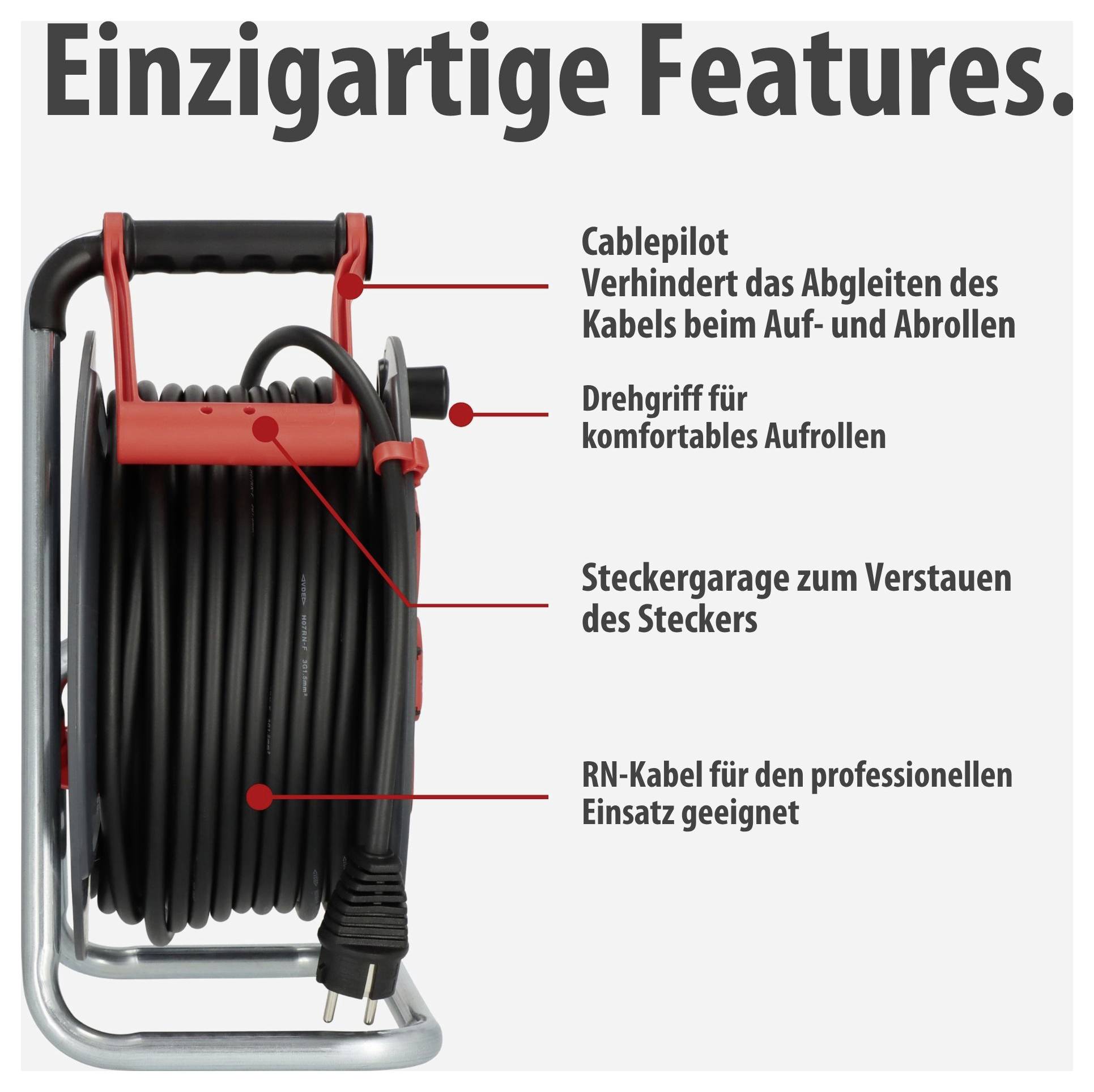 Produktabbildung einer Kabeltrommel mit den Merkmalen Cablepilot, Drehgriff, Steckergarage und professionellem RN-Kabel.