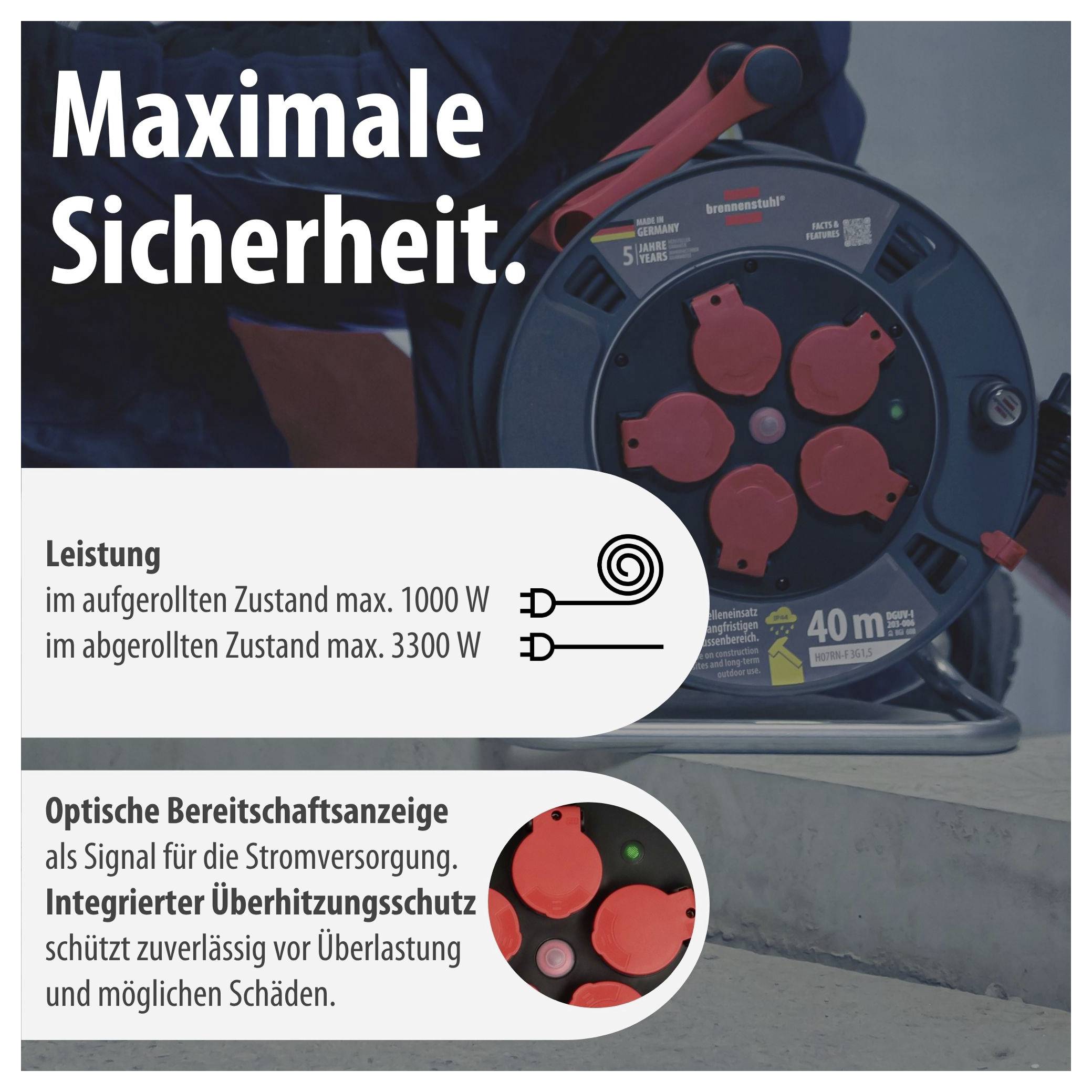 Werbeplakat für eine Kabeltrommel: 'Maximale Sicherheit.' Leistung 1000 W abgerollt, 3300 W aufgerollt; optische Bereitschaftsanzeige und Überhitzungsschutz.