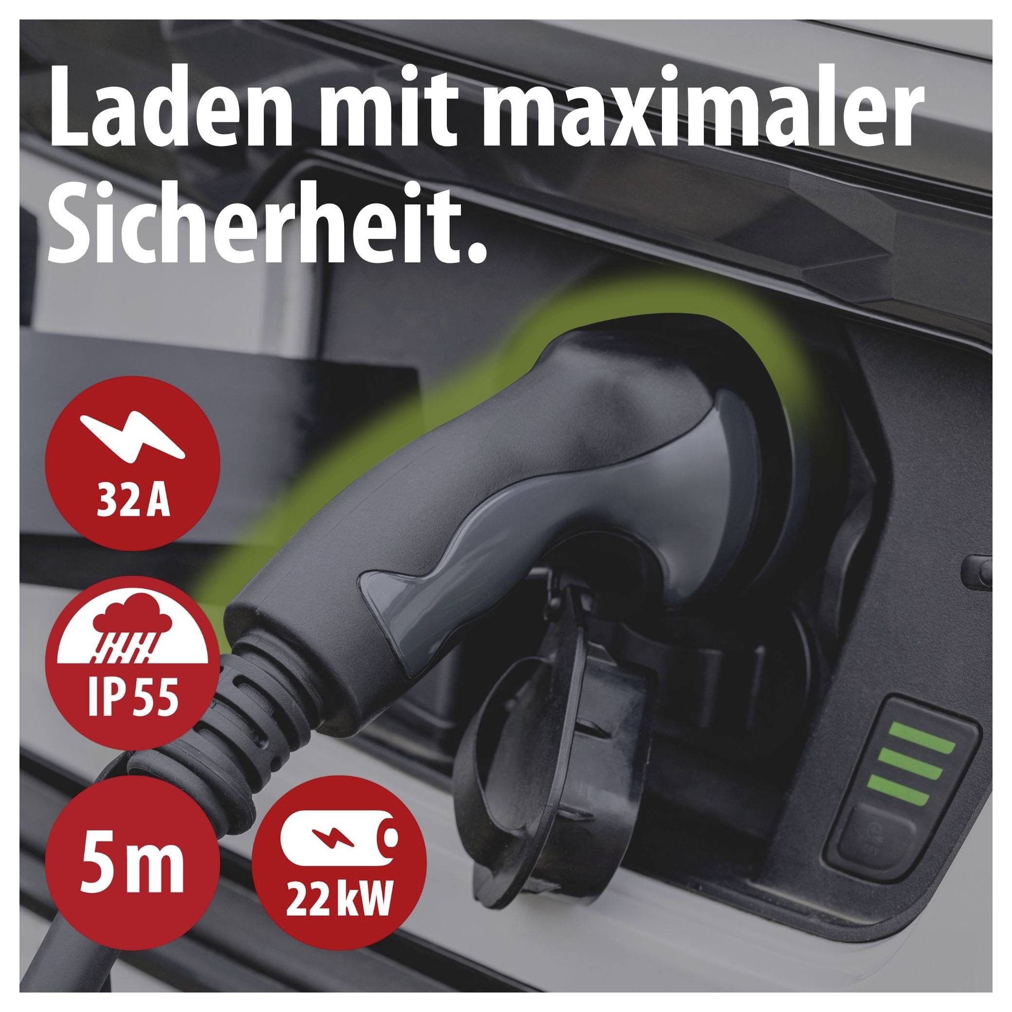 Werbebild einer Wallbox beim Laden eines Elektroautos mit Text 'Laden mit maximaler Sicherheit.'; Symbole nennen 32A, IP55, 5 m und 22 kW.