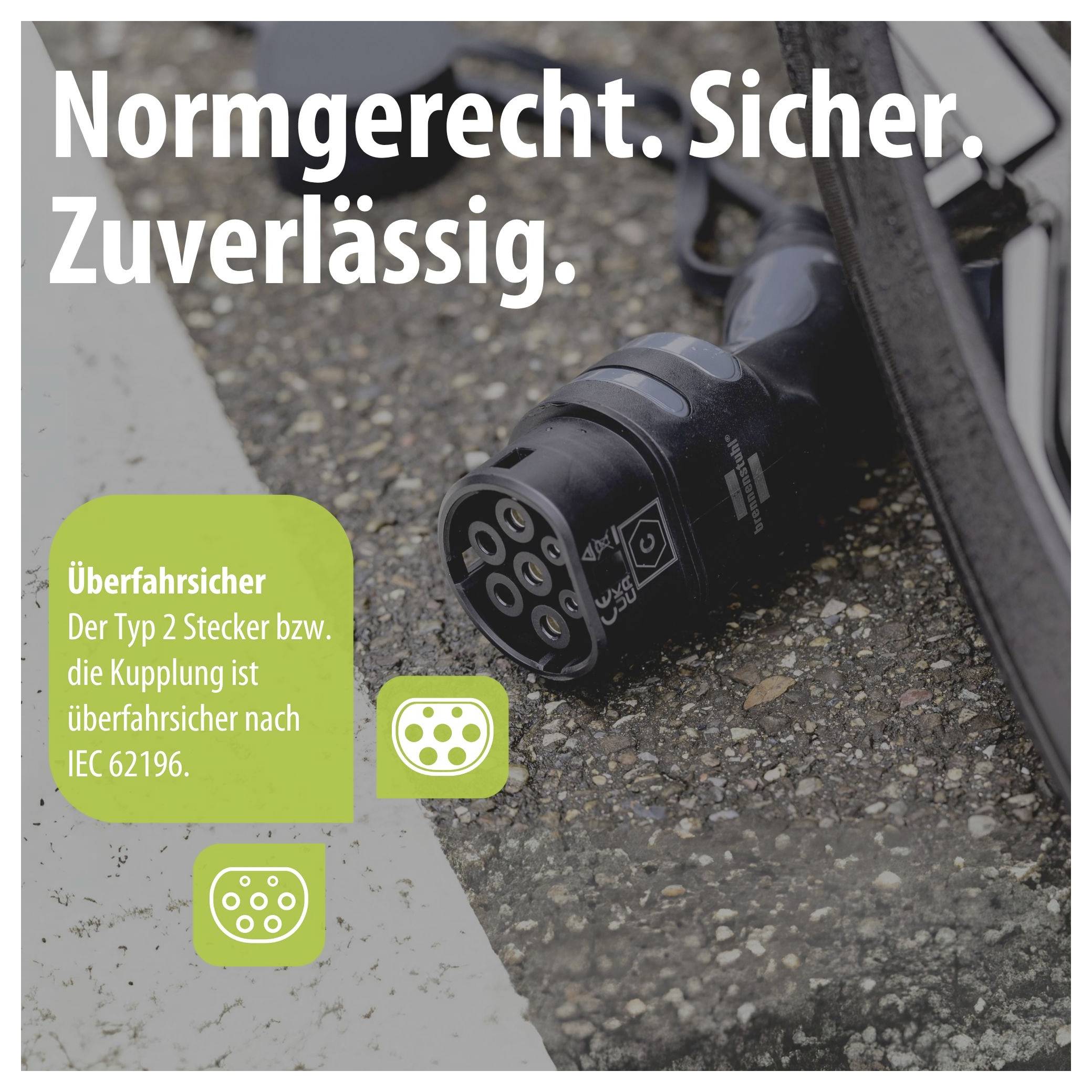 Ladekabel-Stecker auf Asphalt mit Text 'Normgerecht. Sicher. Zuverlässig.' und Hinweis 'Überfahrsicher' für Typ-2-Stecker/Kupplung nach IEC 62196.
