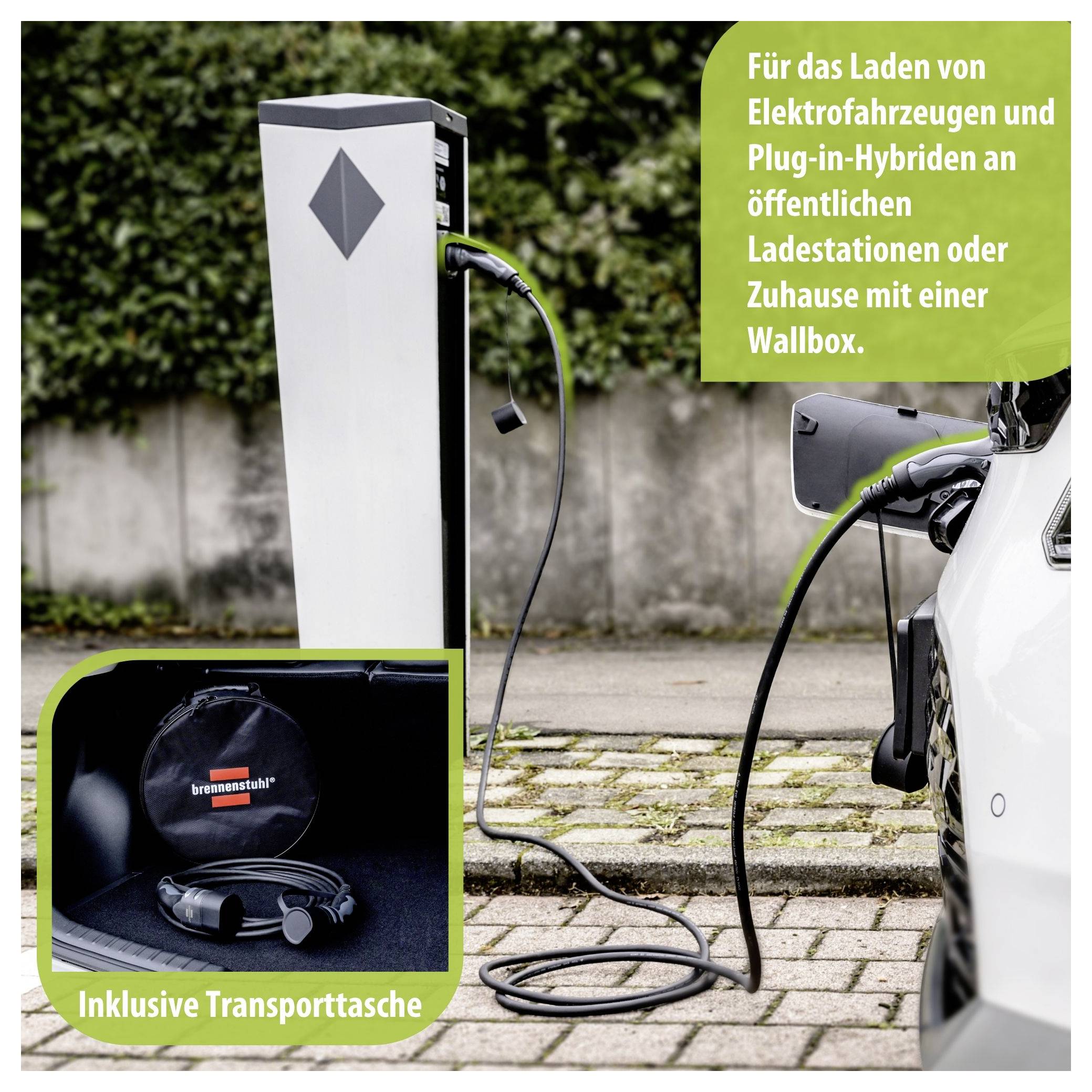 Elektroauto wird an einer Wallbox geladen; Hinweis: für öffentliche Ladestationen oder Zuhause, inklusive Transporttasche.