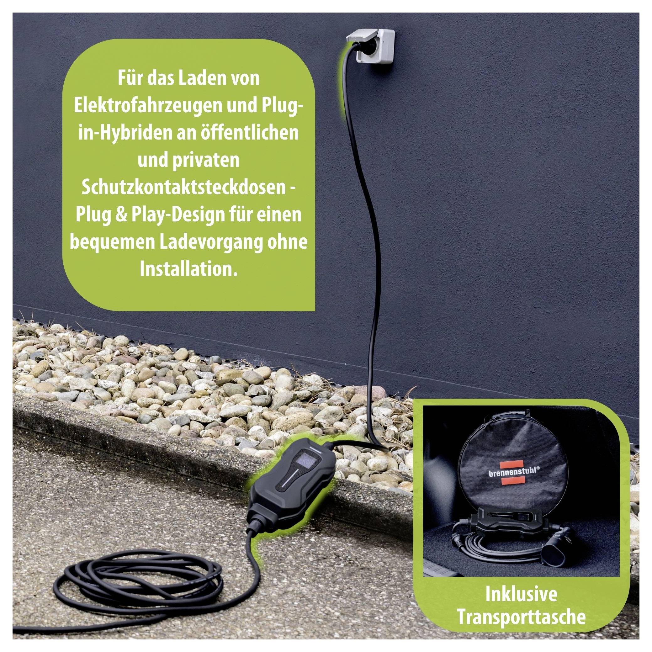 Mobile Ladebox für Elektroautos an einer Steckdose; Text wirbt für 'Plug & Play'-Laden ohne Installation, inklusive Transporttasche.