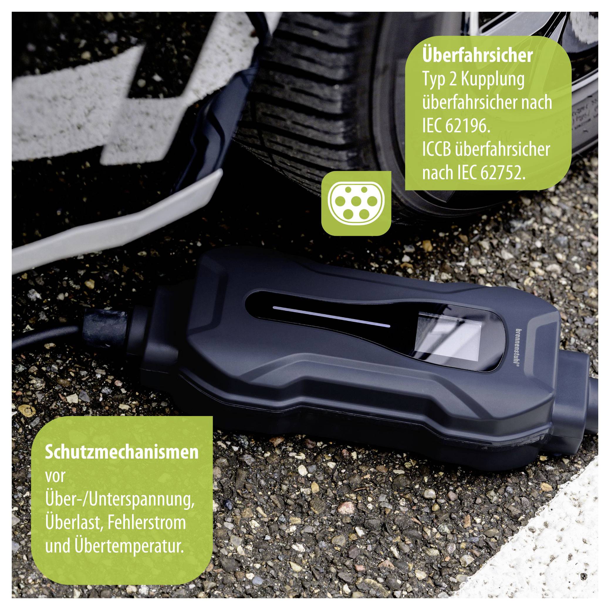 EV-Ladekabel mit Typ-2-Stecker und Steuergerät; Text hebt Schutzmechanismen gegen Über-/Unterspannung, Überlast, Fehlerstrom und Übertemperatur hervor.